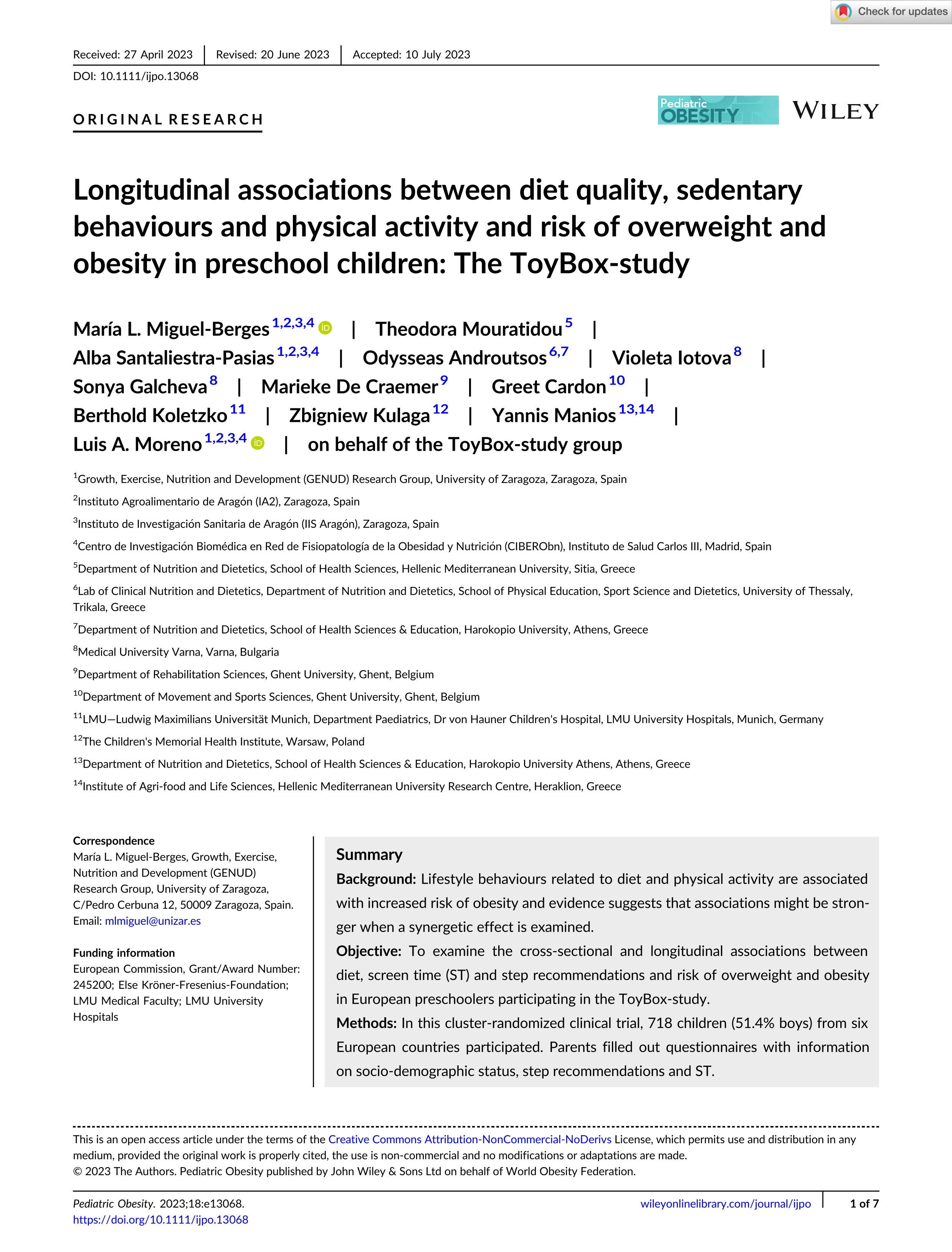 Longitudinal associations between diet quality, sedentary behaviours and physical activity and risk of overweight and obesity in preschool children: The ToyBox-study