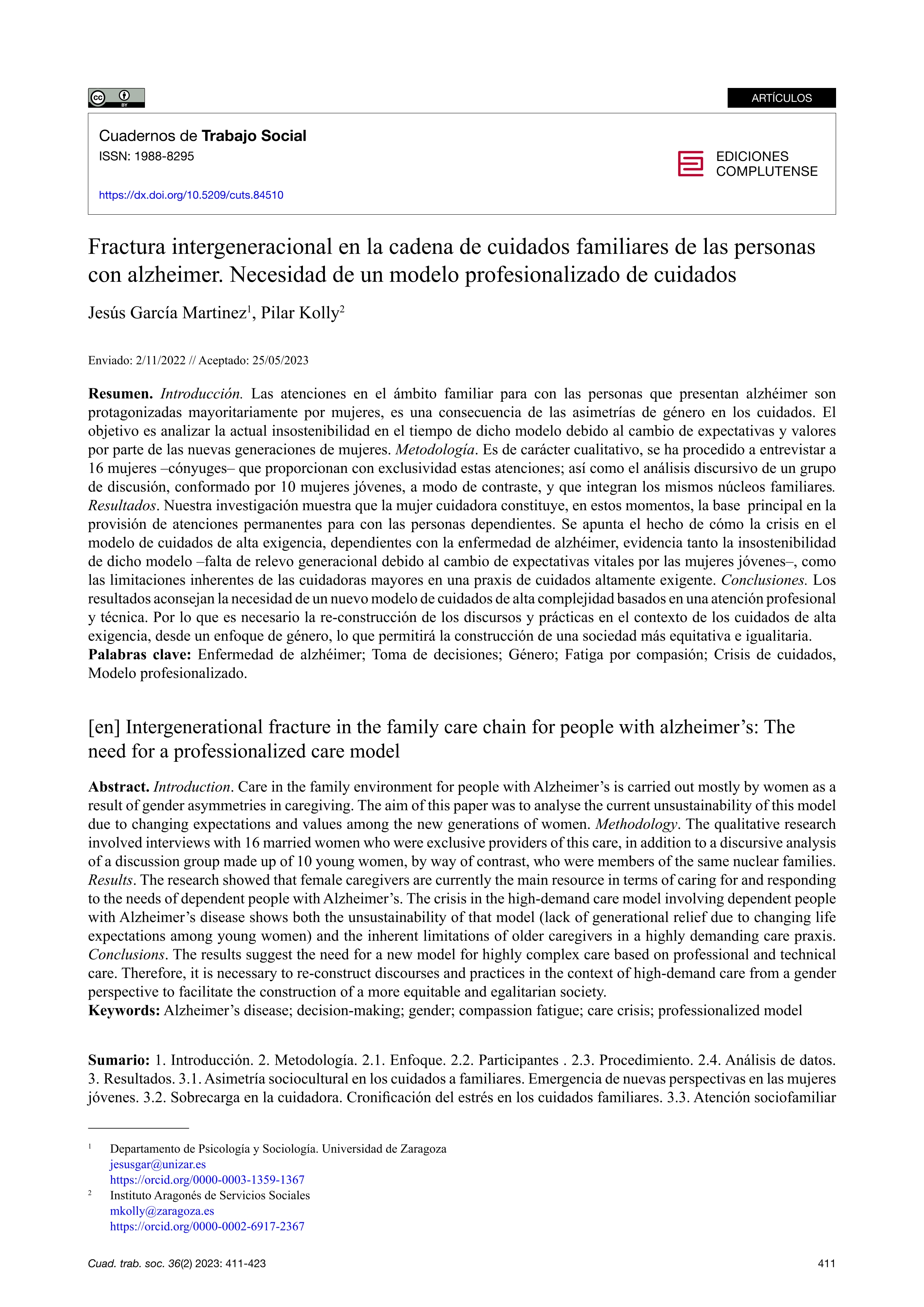 Fractura intergeneracional en la cadena de cuidados familiares de las personas con Alzheimer. Necesidad de un modelo profesionalizado de cuidados