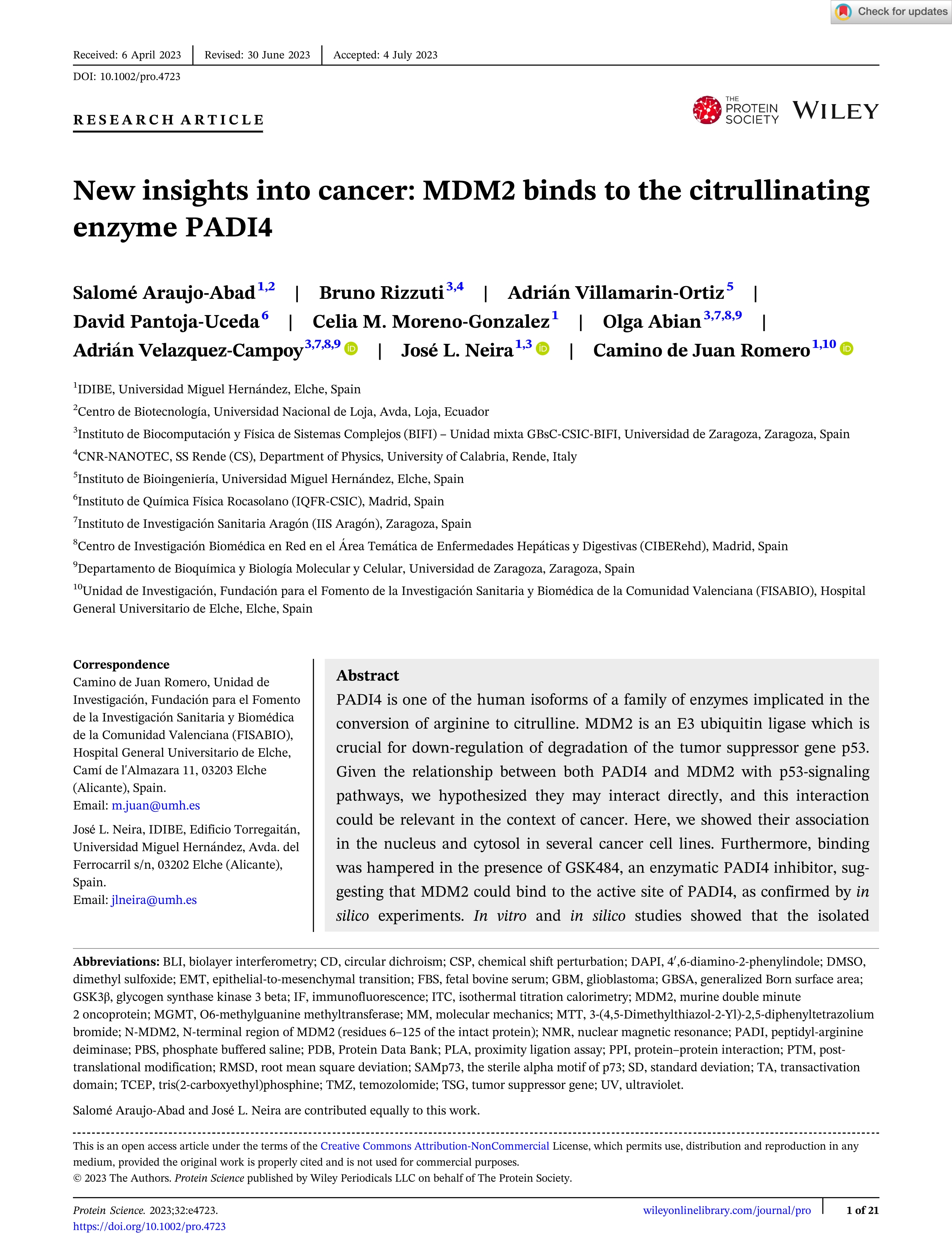 New insights into cancer: MDM2 binds to the citrullinating enzyme PADI4