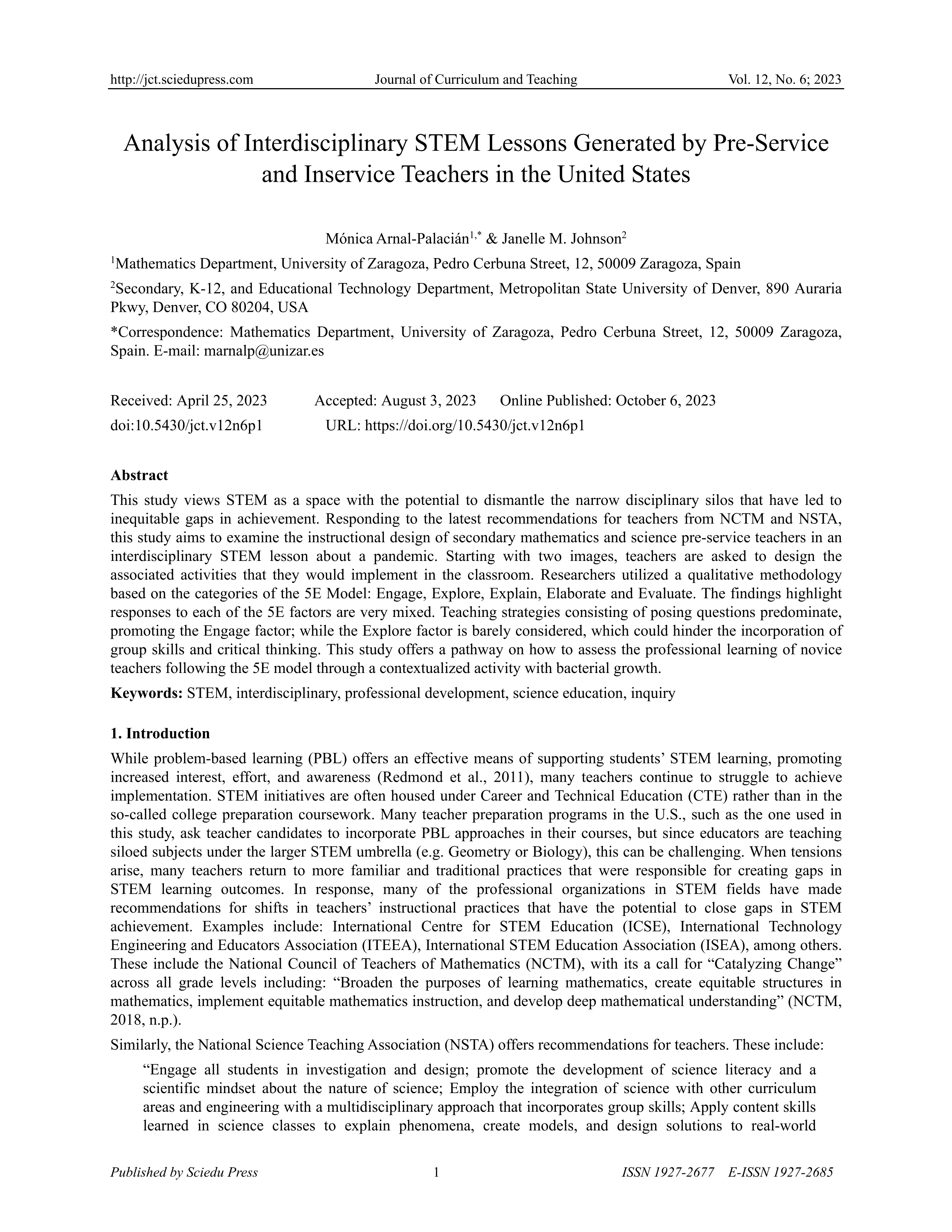 Analysis of Interdisciplinary STEM Lessons Generated by Pre-Service and Inservice Teachers in the United States