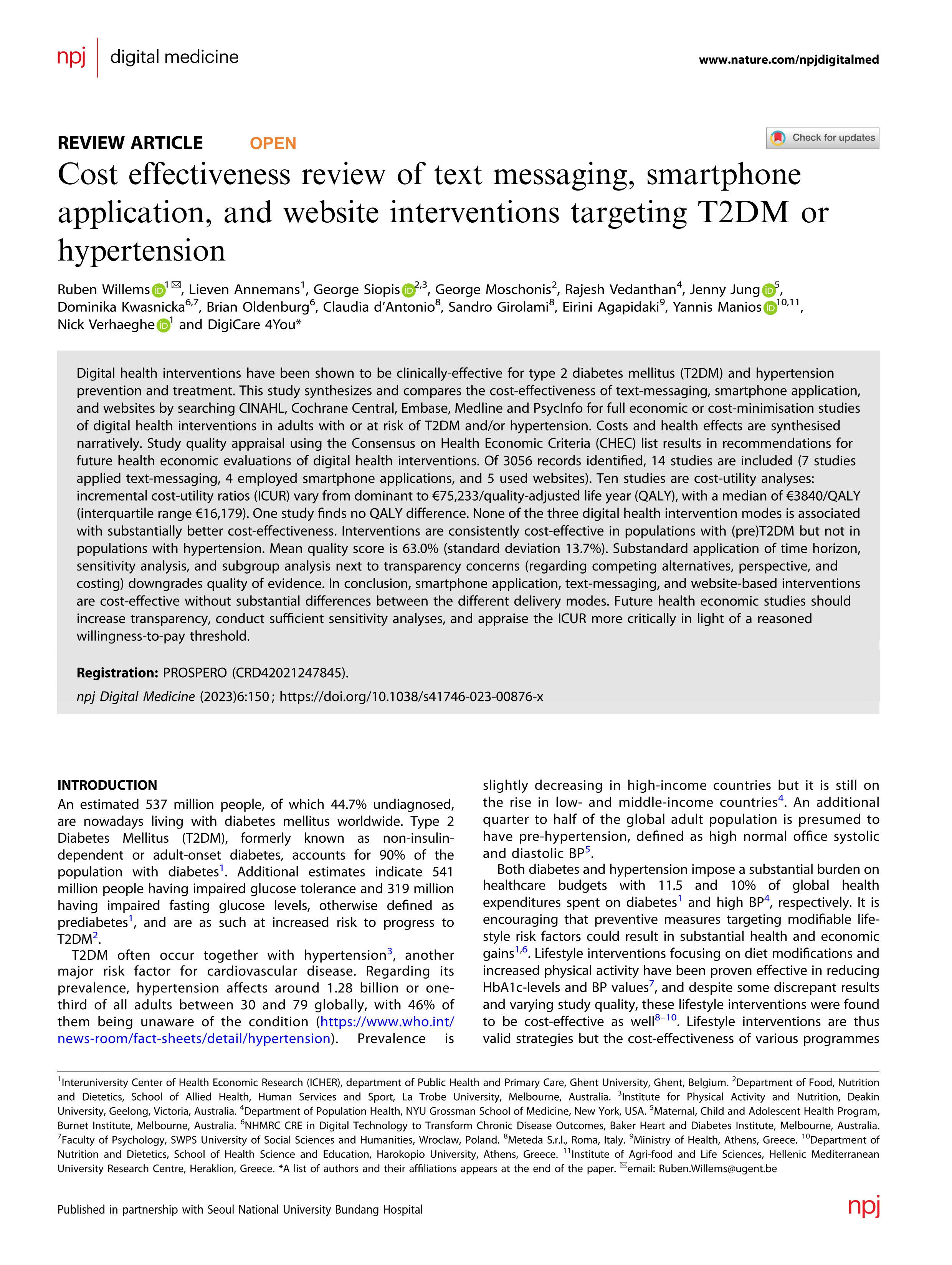 Cost effectiveness review of text messaging, smartphone application, and website interventions targeting T2DM or hypertension