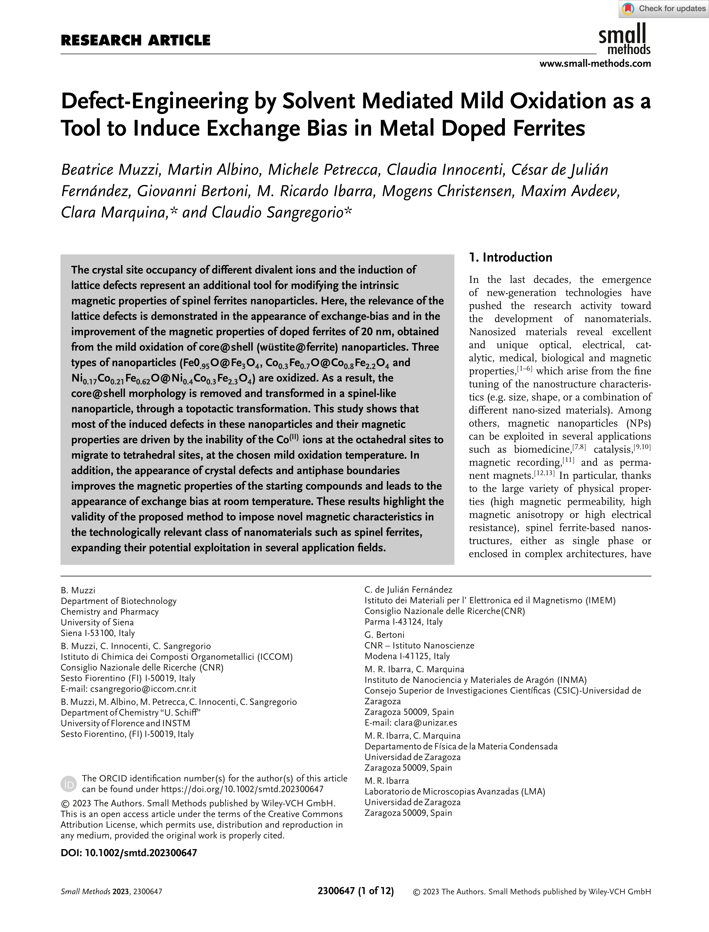 Defect-Engineering by Solvent Mediated Mild Oxidation as a Tool to Induce Exchange Bias in Metal Doped Ferrites