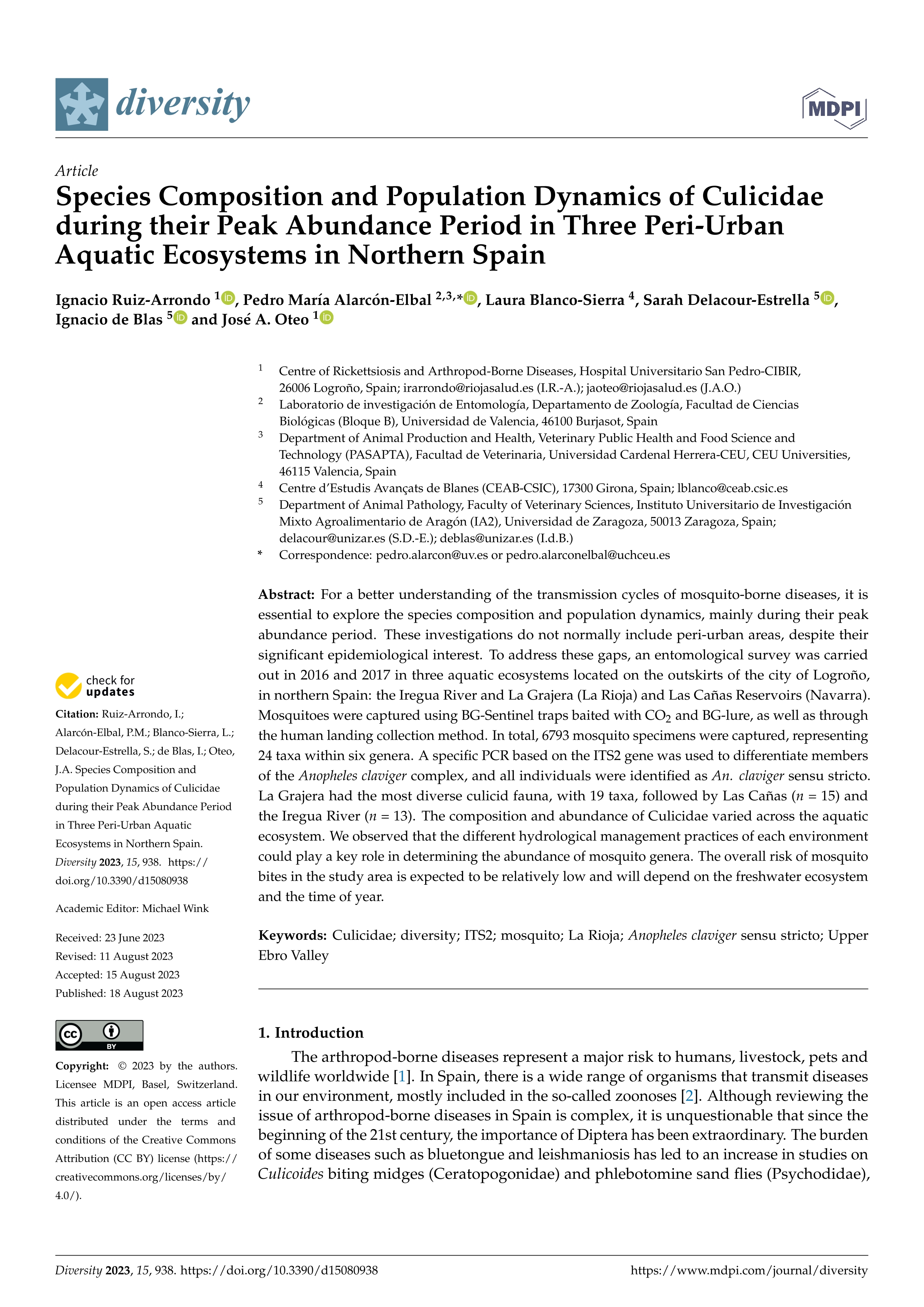 Species composition and population dynamics of culicidae during their peak abundance period in three peri-urban aquatic ecosystems in northern Spain
