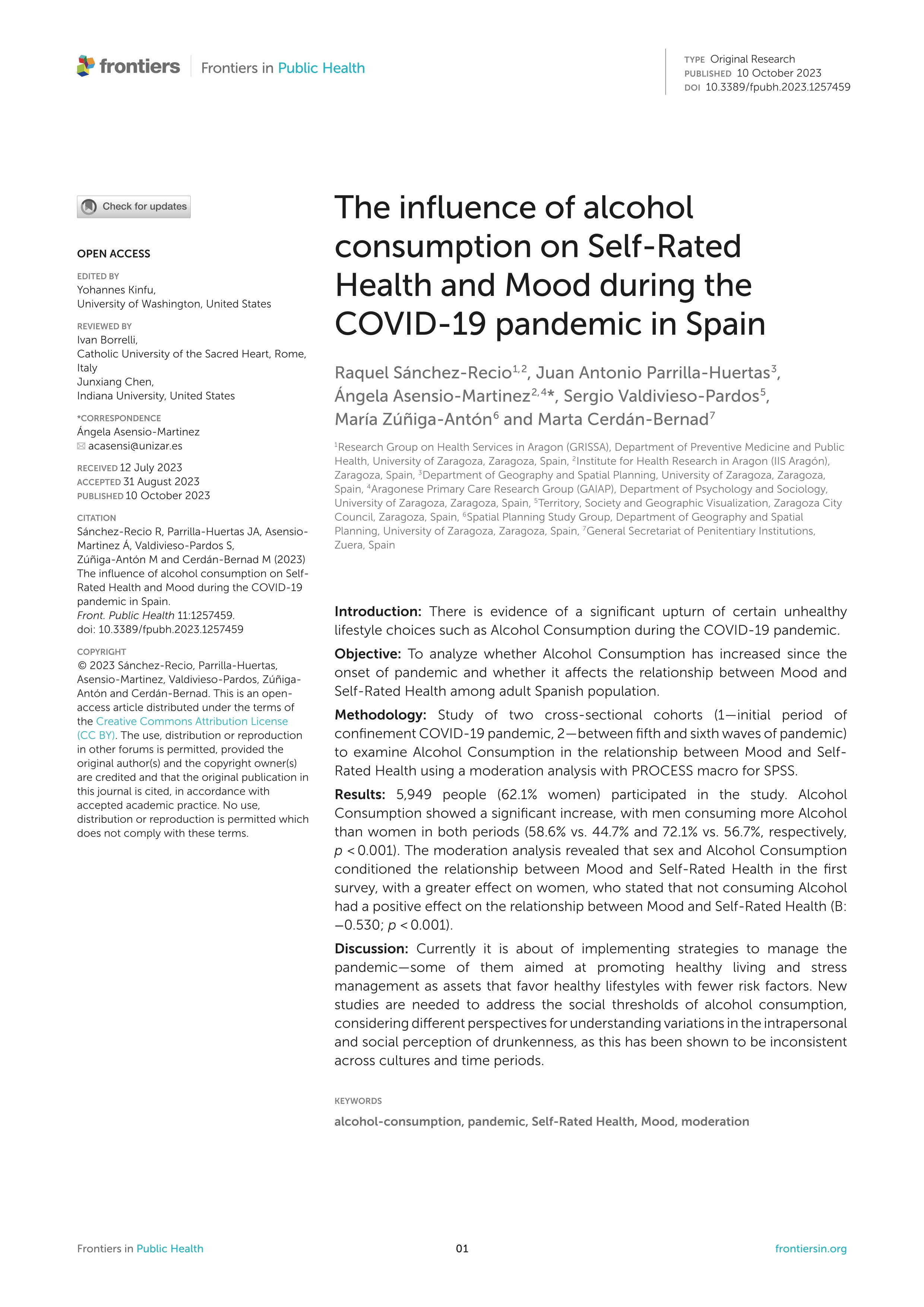 The influence of alcohol consumption on Self-Rated Health and Mood during the COVID-19 pandemic in Spain