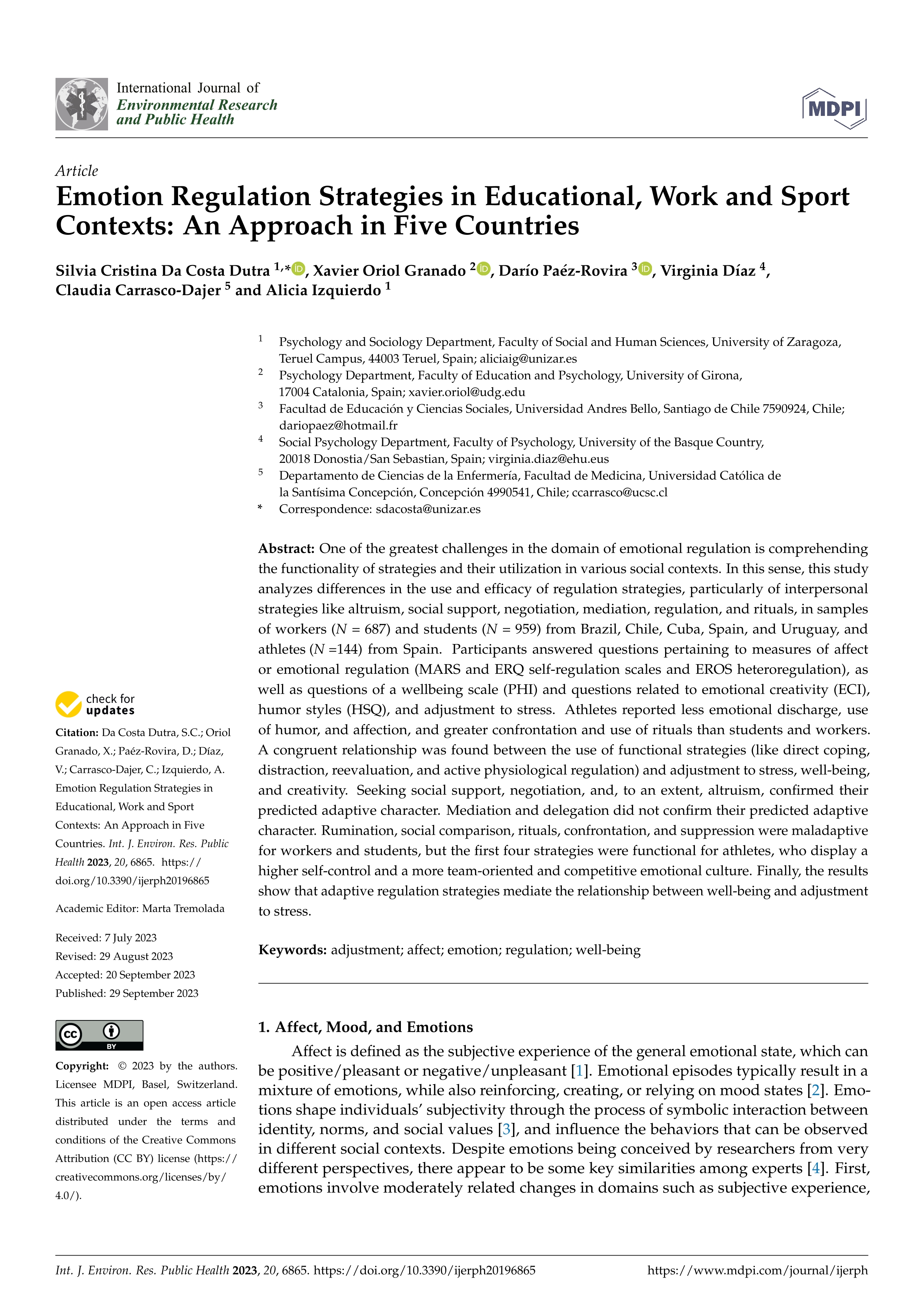 Emotion Regulation Strategies in Educational, Work and Sport Contexts: An Approach in Five Countries