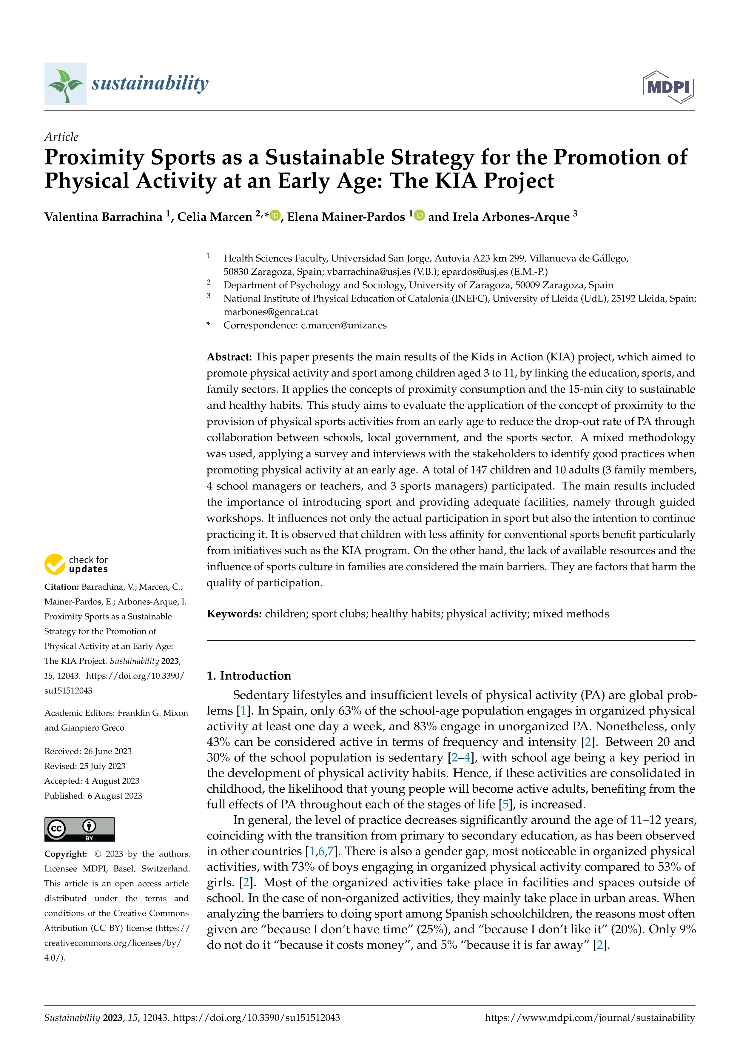 Proximity Sports as a Sustainable Strategy for the Promotion of Physical Activity at an Early Age: The KIA Project