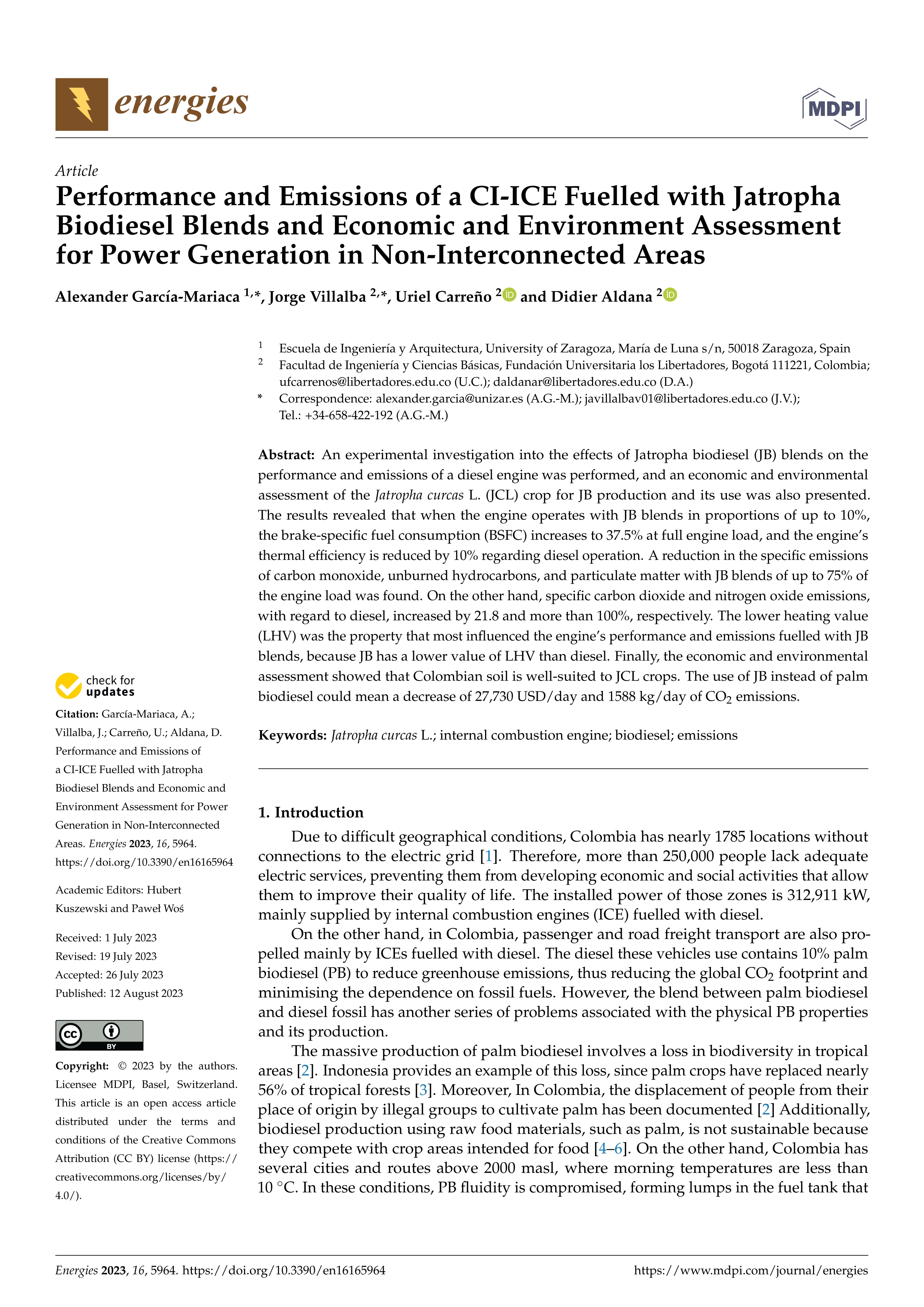 Performance and emissions of a CI-ICE fuelled with Jatropha biodiesel blends and economic and environment assessment for power generation in non-interconnected areas