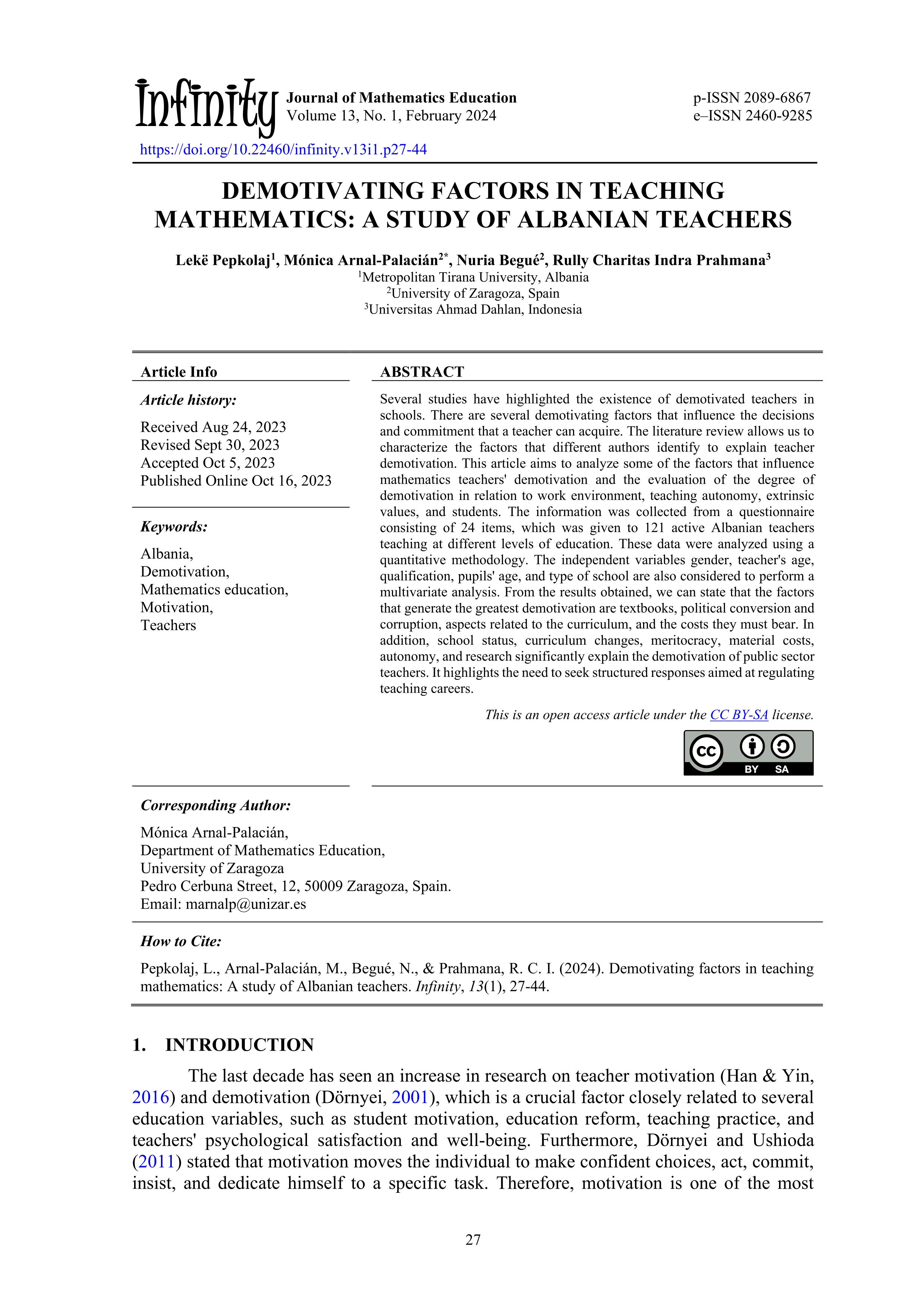 Demotivating factors in teaching mathematics: a study of Albanian teachers