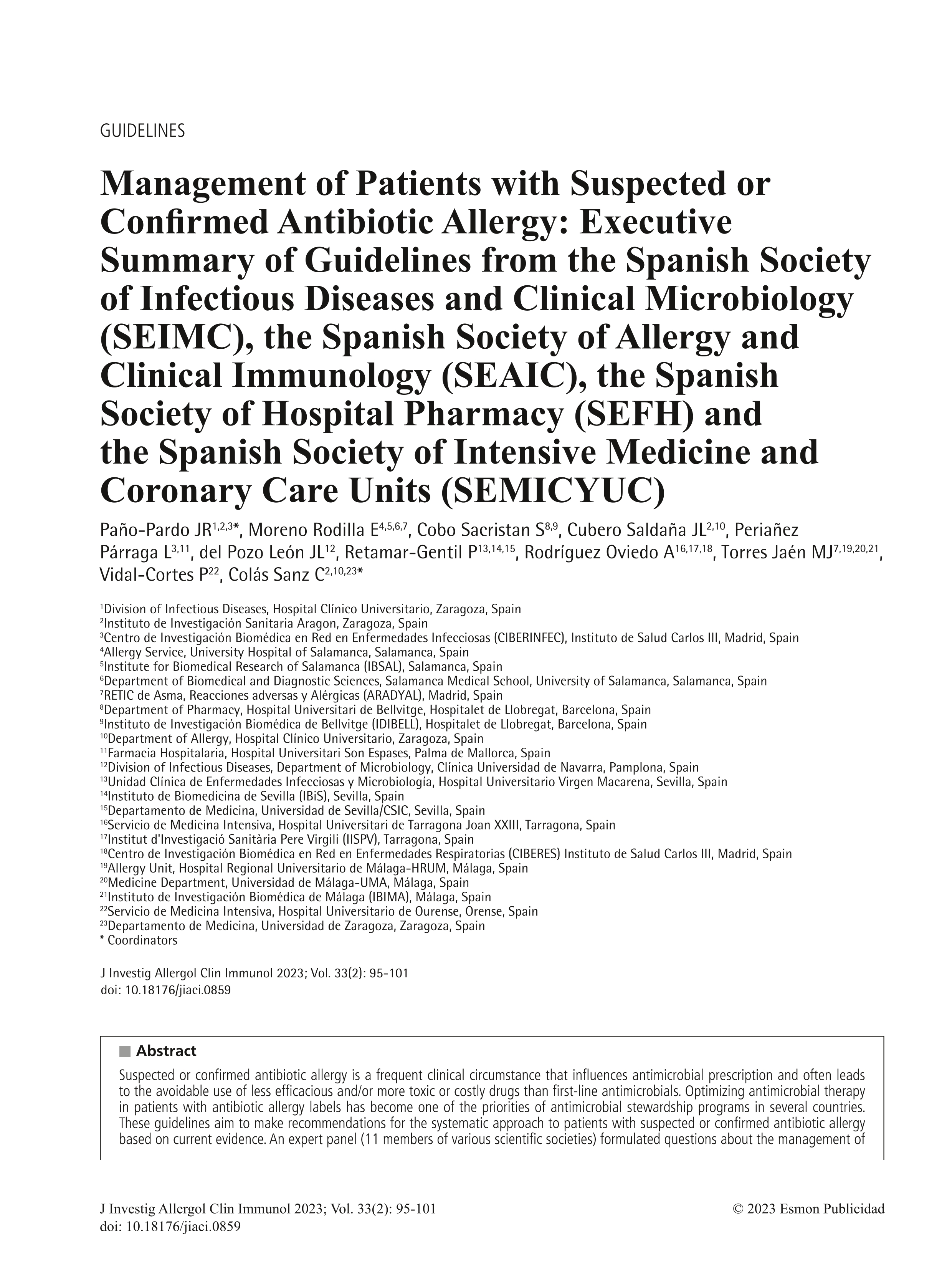 Management of patients with suspected or confirmed antibiotic allergy: executive summary of guidelines from the Spanish Society of Infectious Diseases and Clinical Microbiology (SEIMC), the Spanish Society of Allergy and Clinical Immunology (SEAIC), the Spanish Society of Hospital Pharmacy (SEFH)...