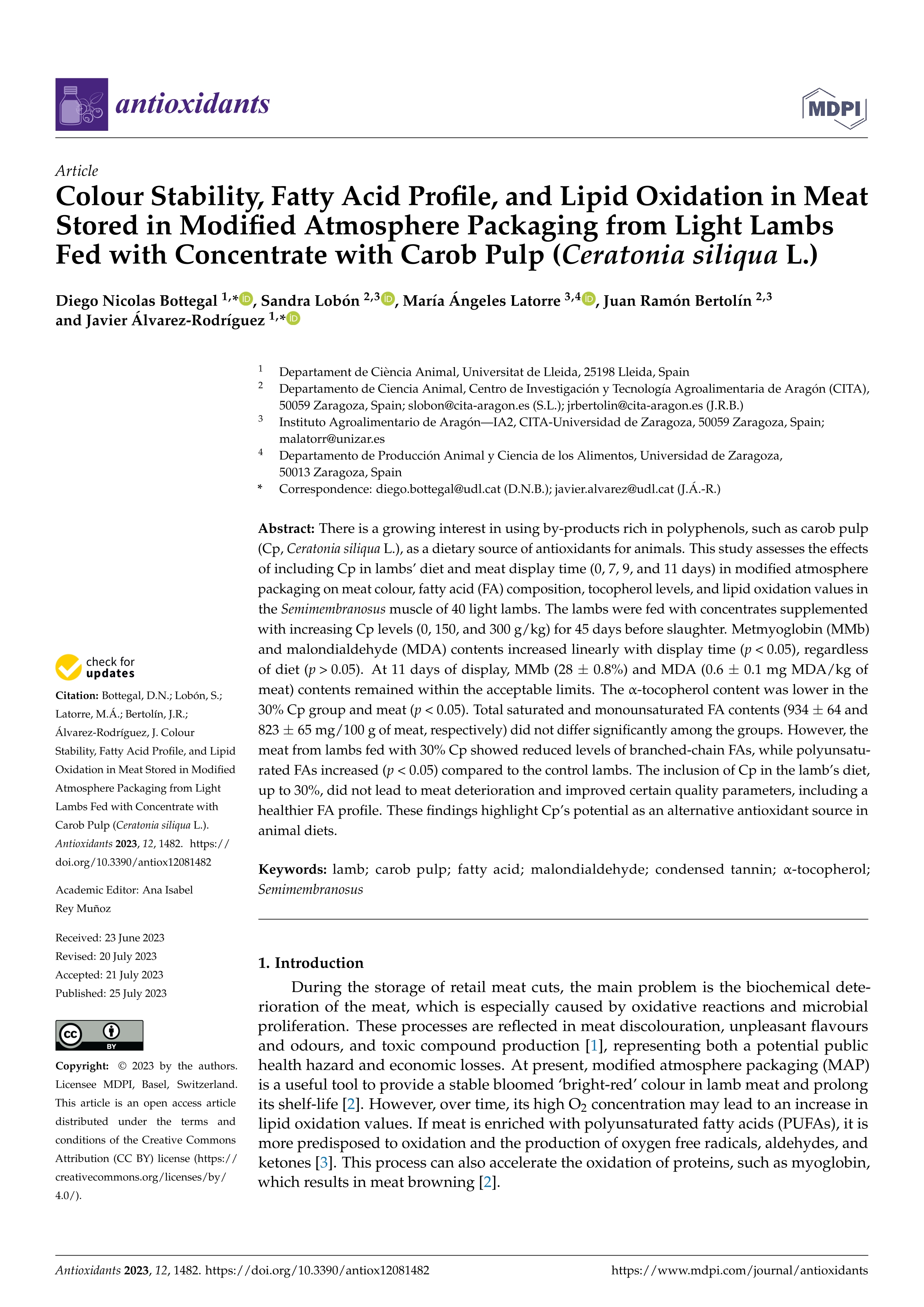 Colour stability, fatty acid profile, and lipid oxidation in meat stored in modified atmosphere packaging from light lambs fed with concentrate with carob pulp (Ceratonia siliqua L.)