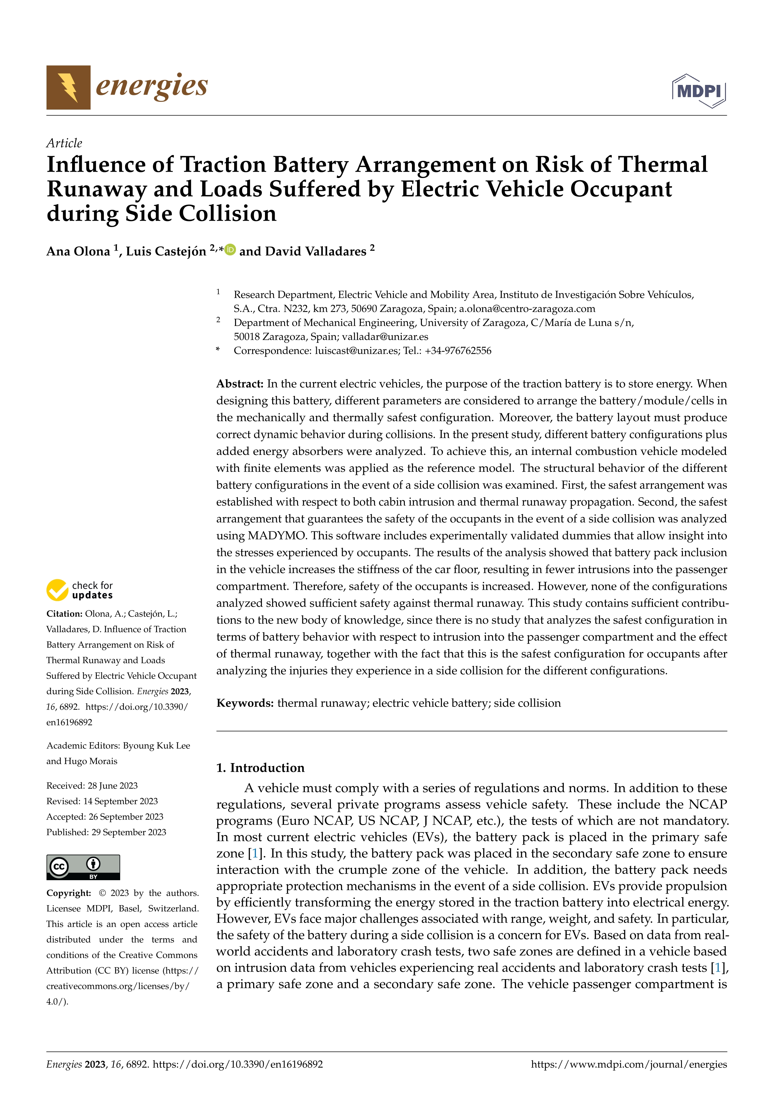 Influence of Traction Battery Arrangement on Risk of Thermal Runaway and Loads Suffered by Electric Vehicle Occupant during Side Collision