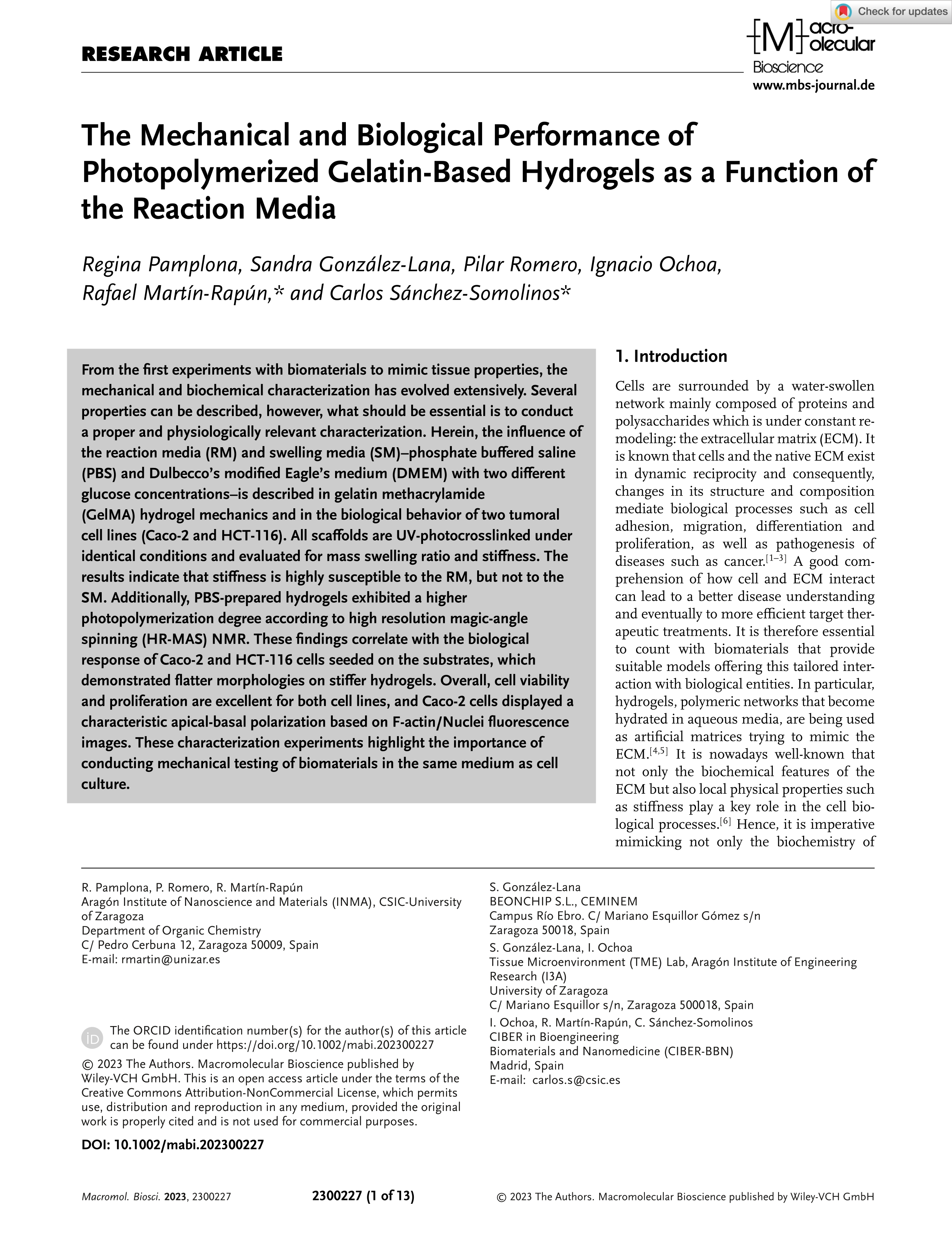 The Mechanical and Biological Performance of Photopolymerized Gelatin-Based Hydrogels as a Function of the Reaction Media