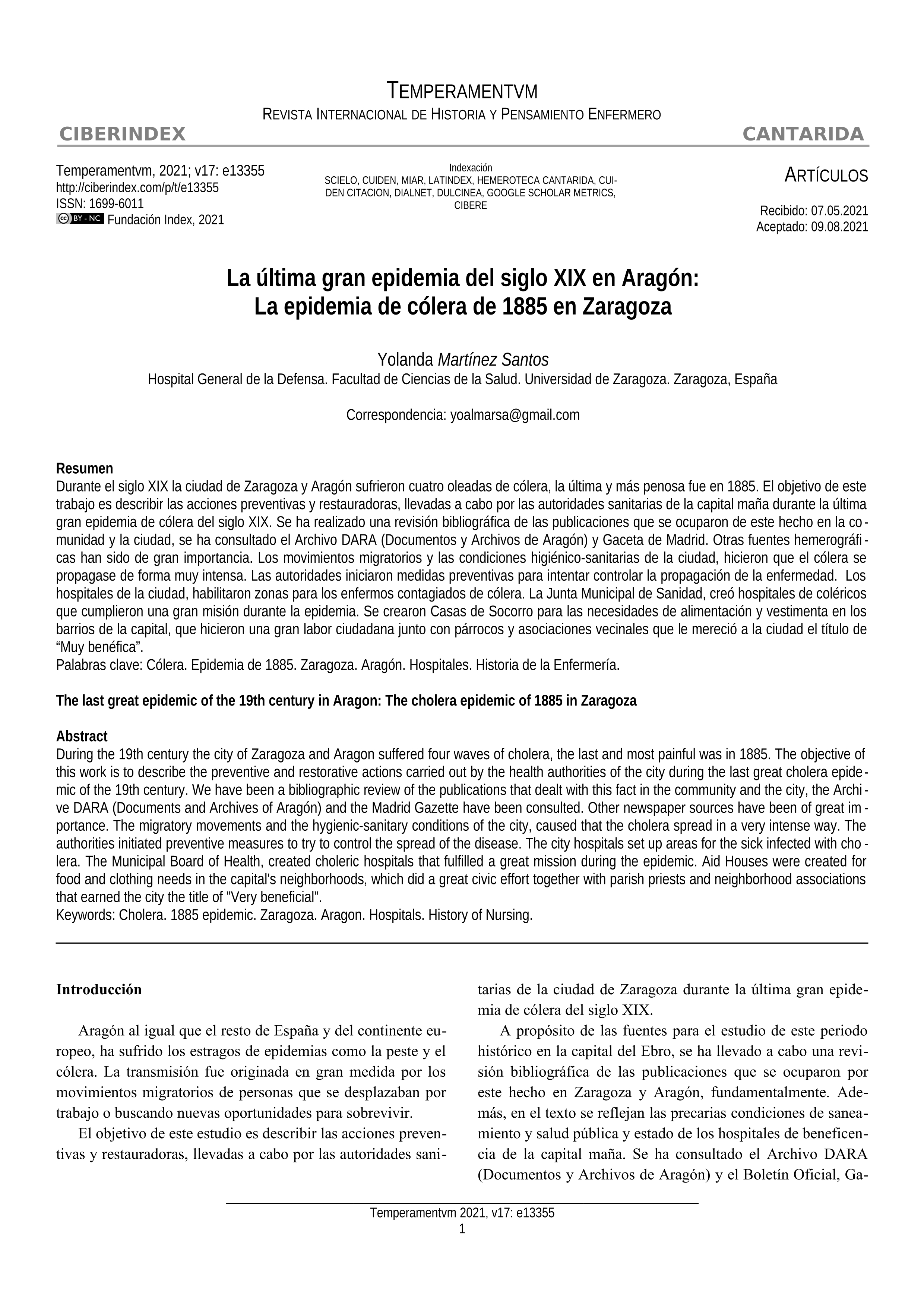 La última gran epidemia del siglo XIX en Aragón: La epidemia de cólera de 1885 en Zaragoza