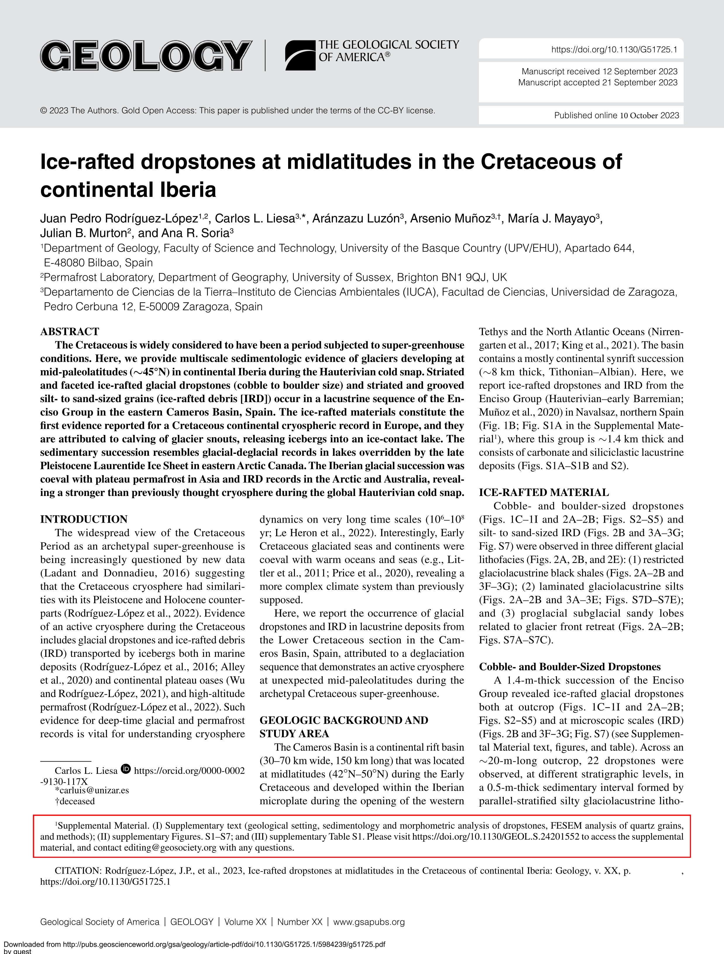Ice-rafted dropstones at midlatitudes in the Cretaceous of continental Iberia