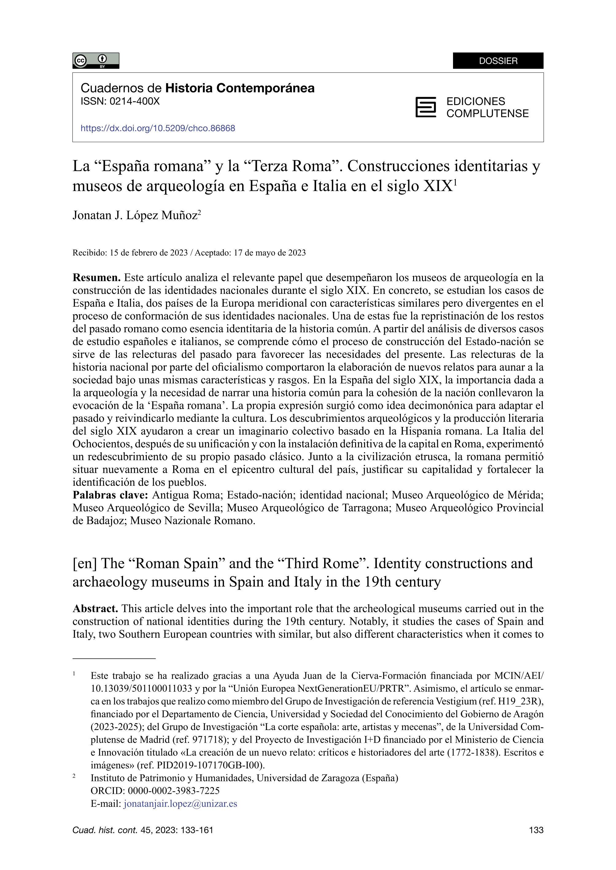 La ‘España romana’ y la ‘Terza Roma’. Construcciones identitarias y museos de arqueología en España e Italia en el siglo XIX