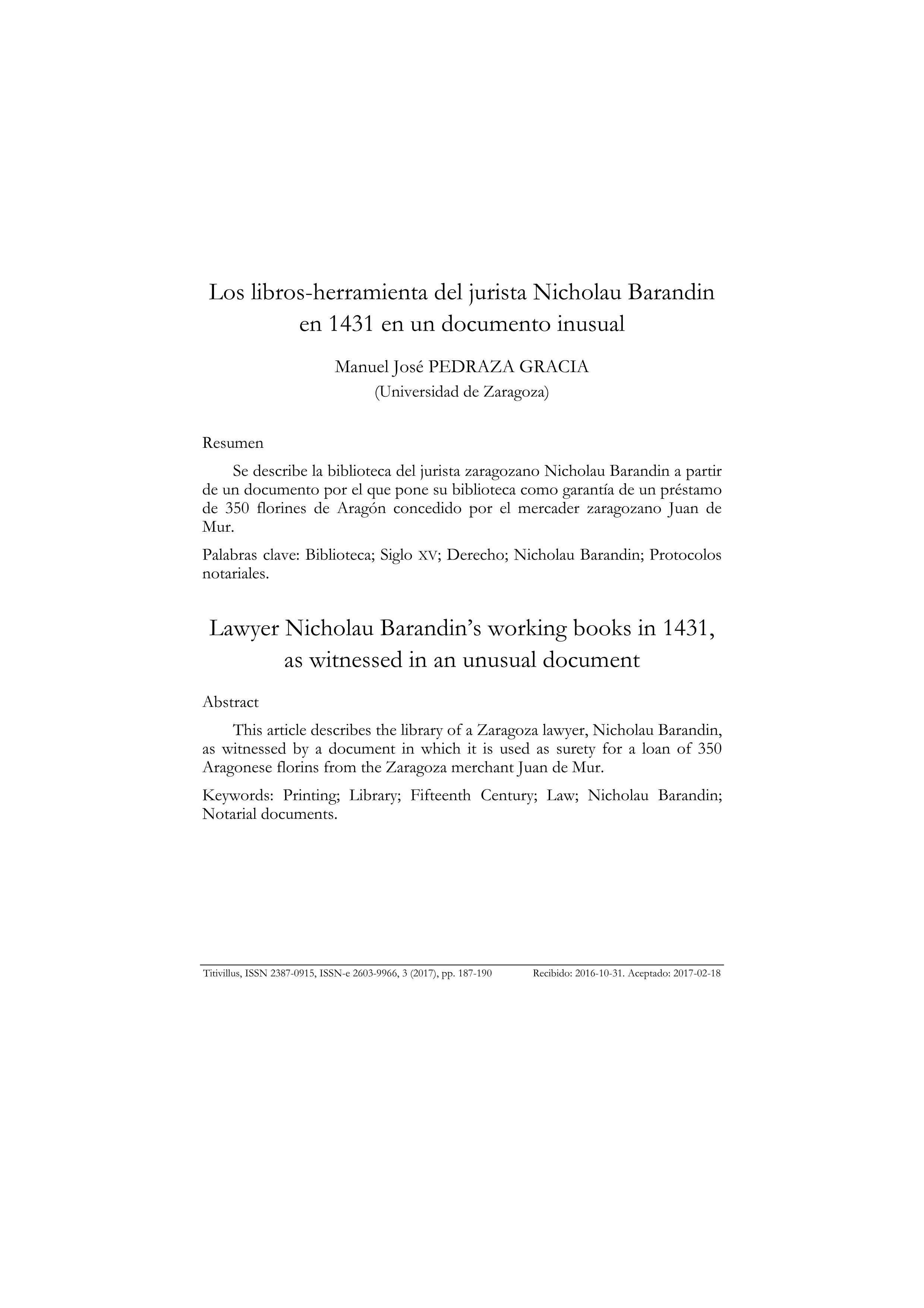 Los libros-herramienta del jurista Nicholau Barandin en 1431 en un documento inusual