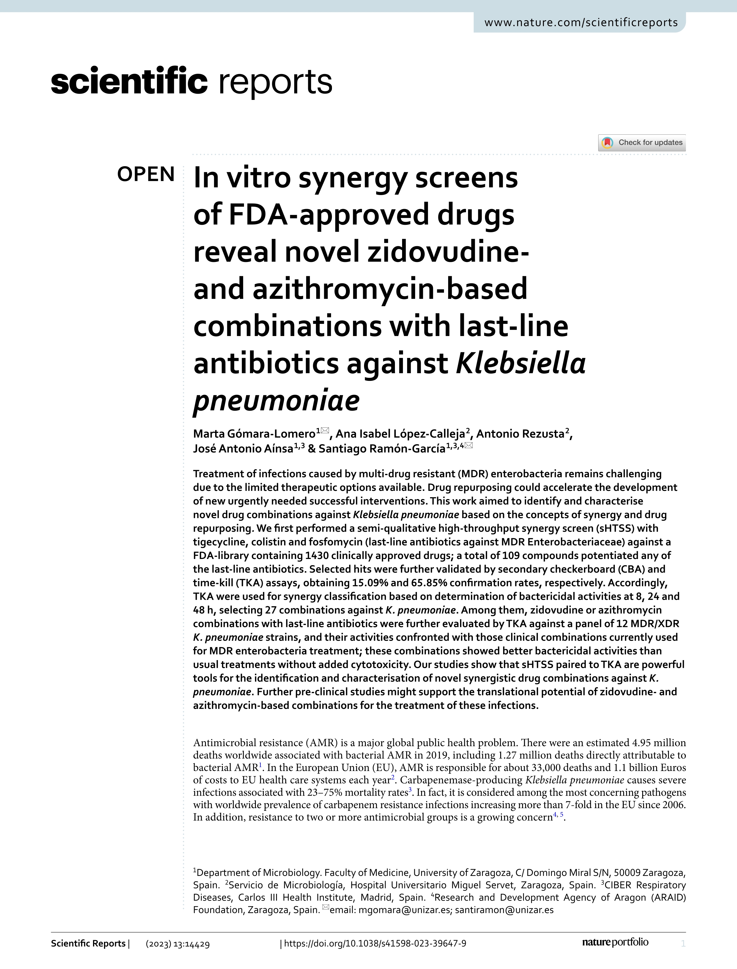 In vitro synergy screens of FDA-approved drugs reveal novel zidovudine- and azithromycin-based combinations with last-line antibiotics against Klebsiella pneumoniae