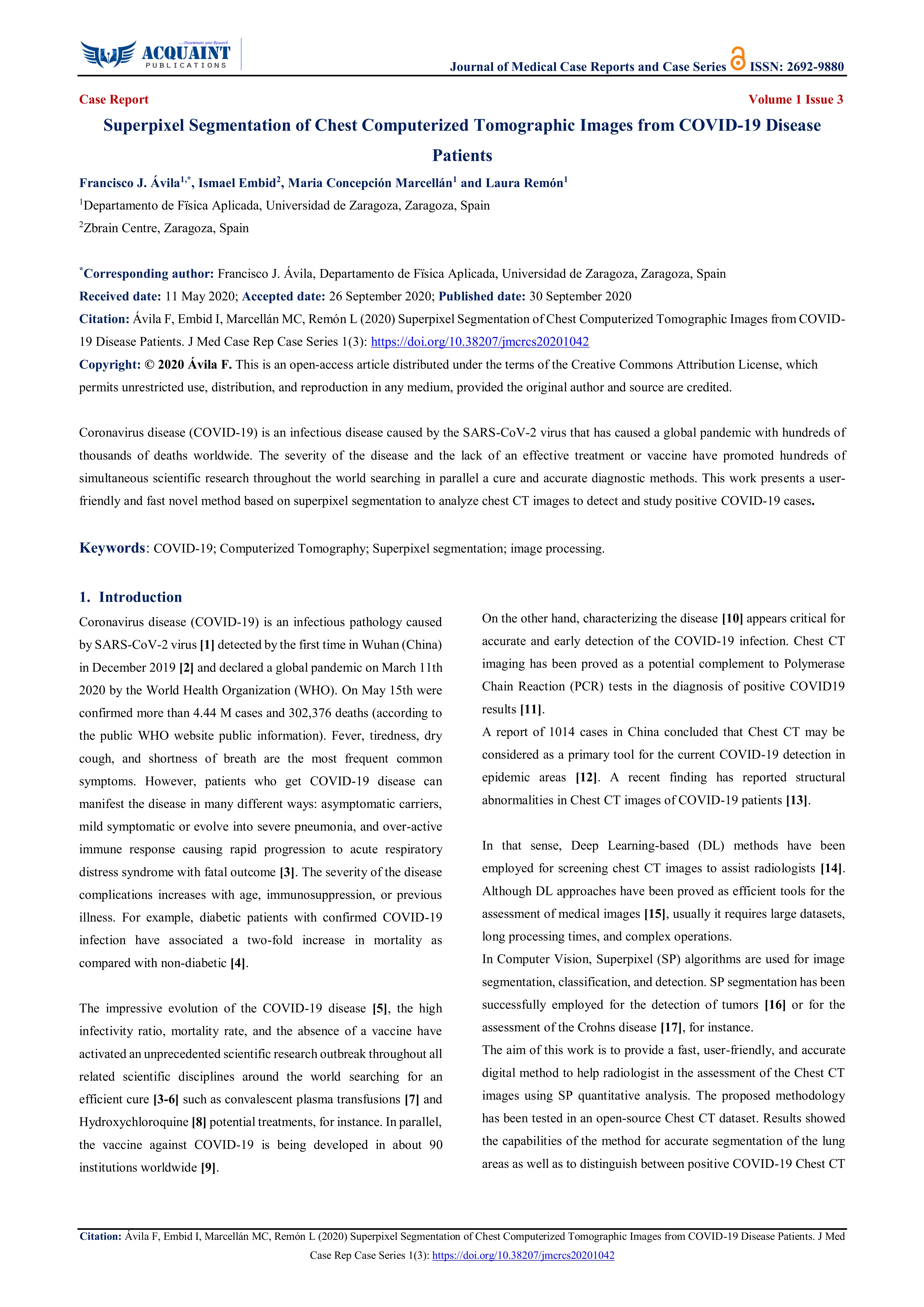Superpixel Segmentation of Chest Computerized Tomographic Images from COVID-19 Disease Patients