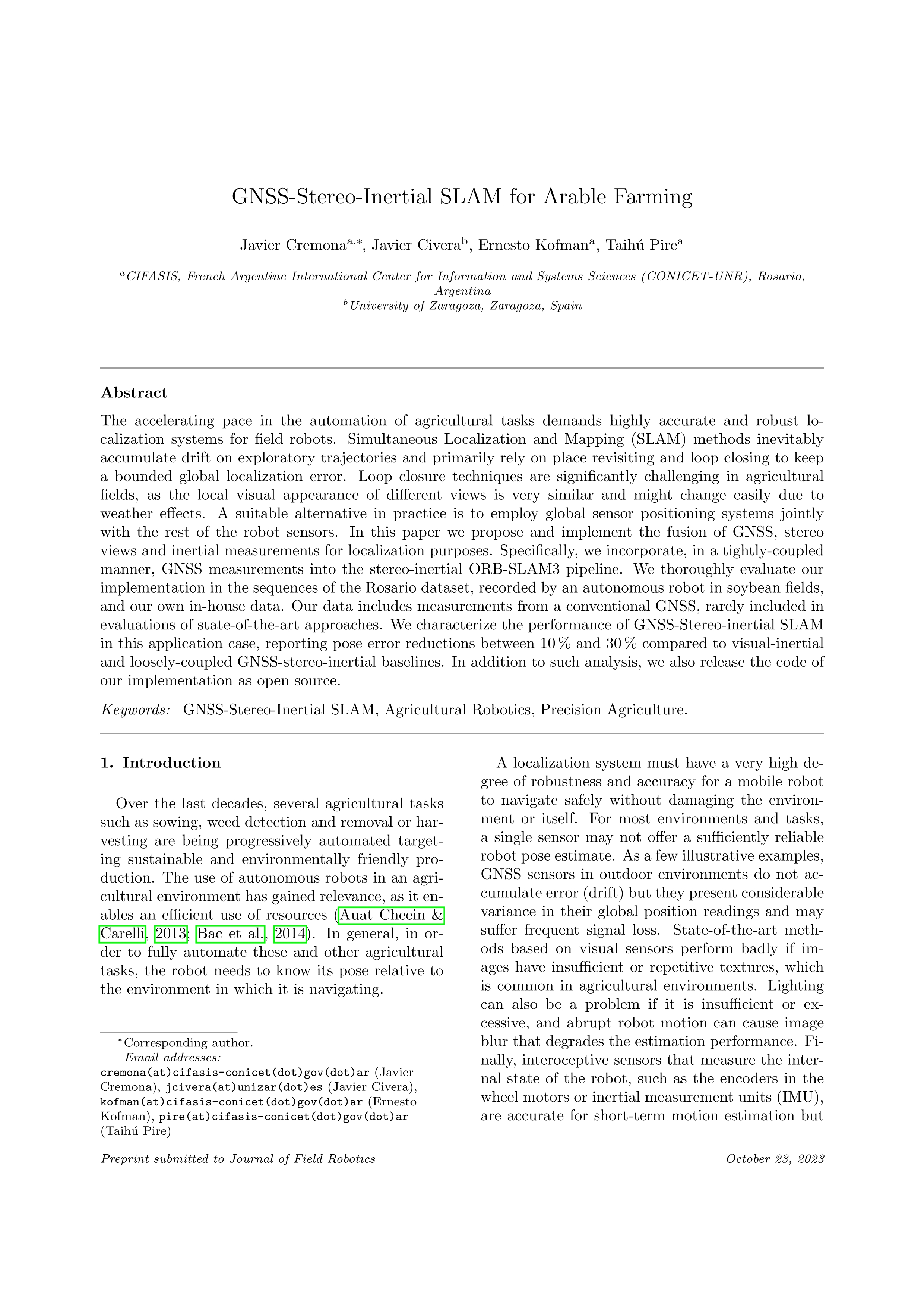 GNSS-stereo-inertial SLAM for arable farming