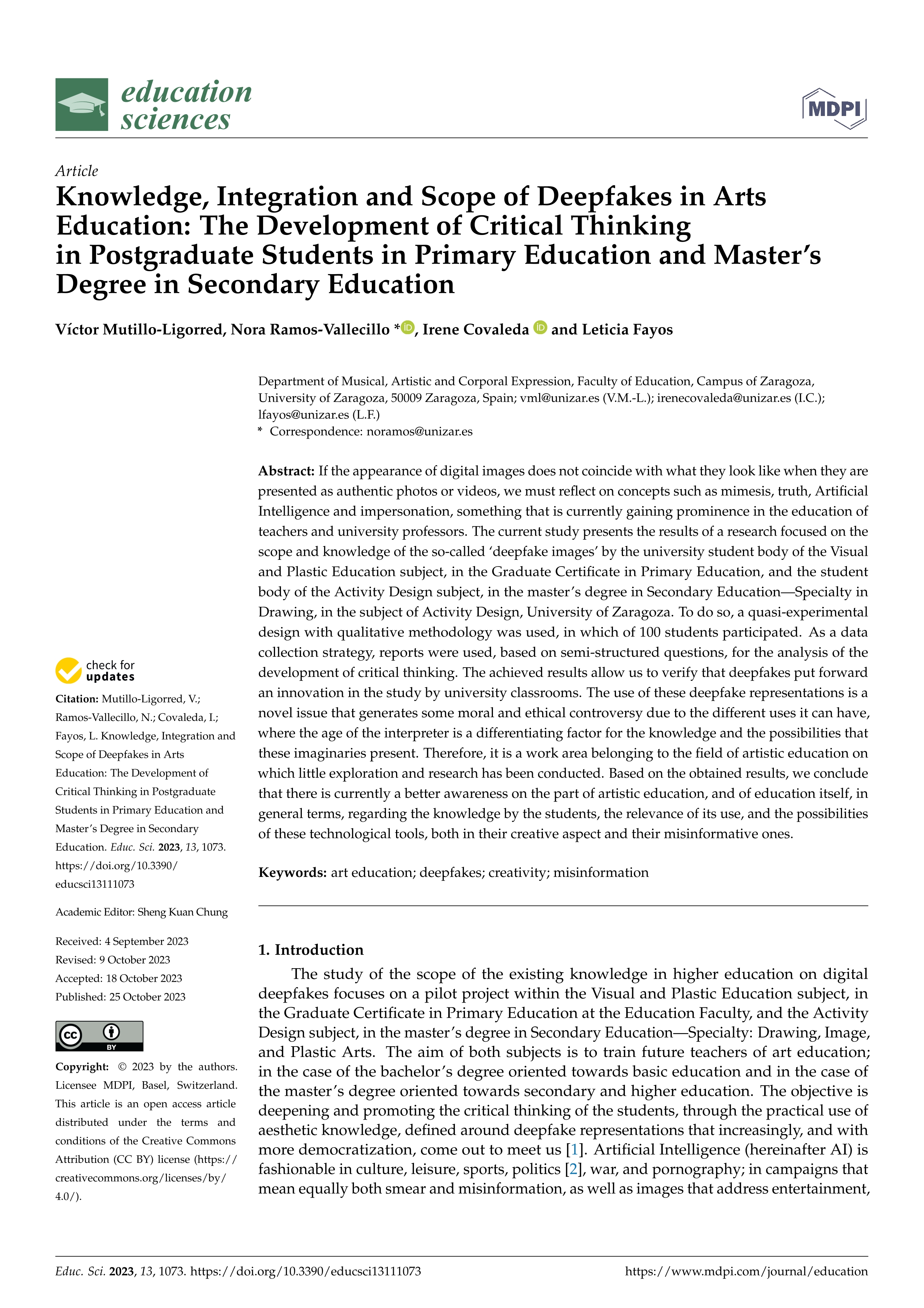 Knowledge, integration and scope of deepfakes in arts education: the development of critical thinking in postgraduate students in primary education and master’s degree in secondary education