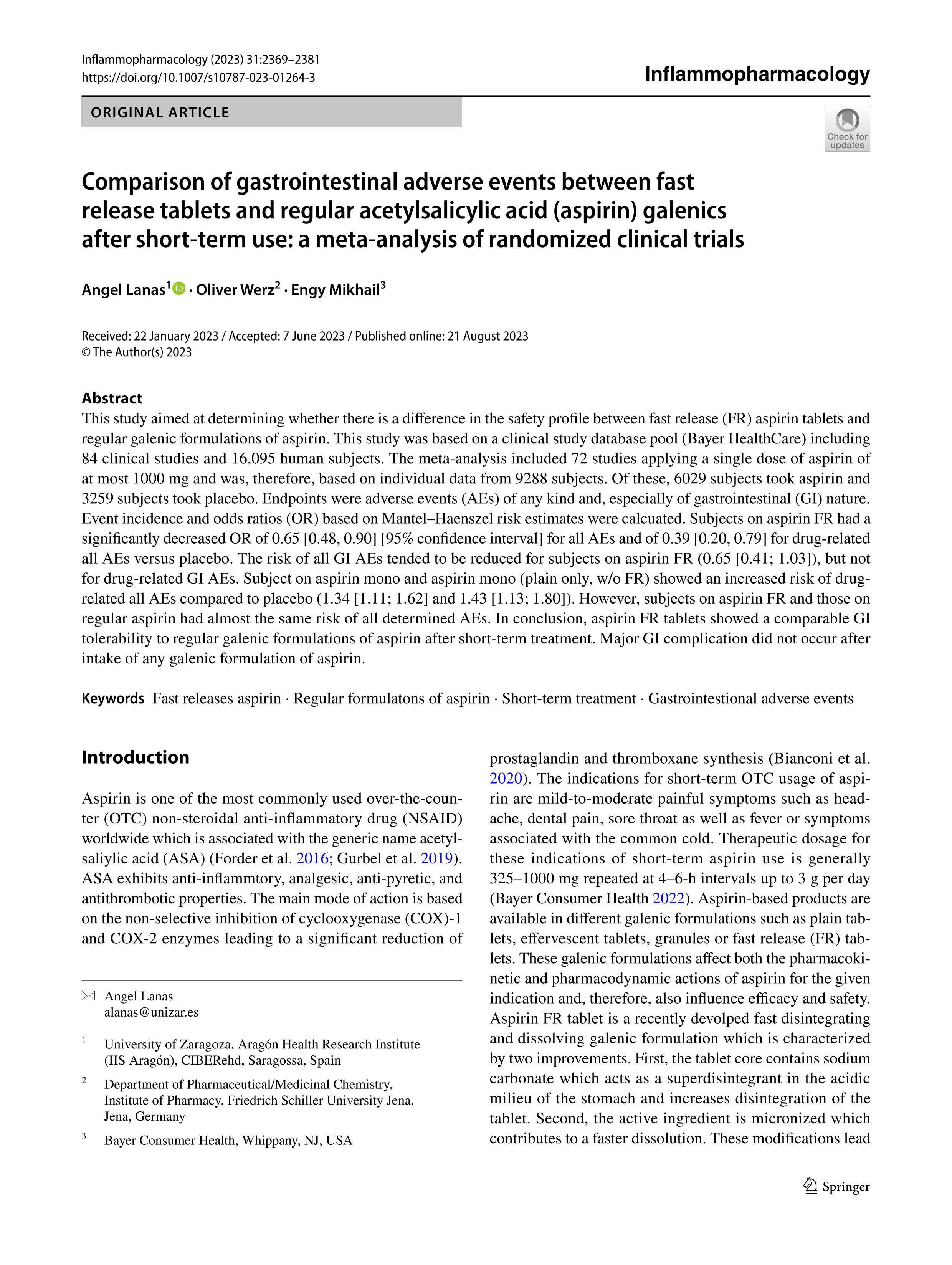 Comparison of gastrointestinal adverse events between fast release tablets and regular acetylsalicylic acid (aspirin) galenics after short-term use: a meta-analysis of randomized clinical trials