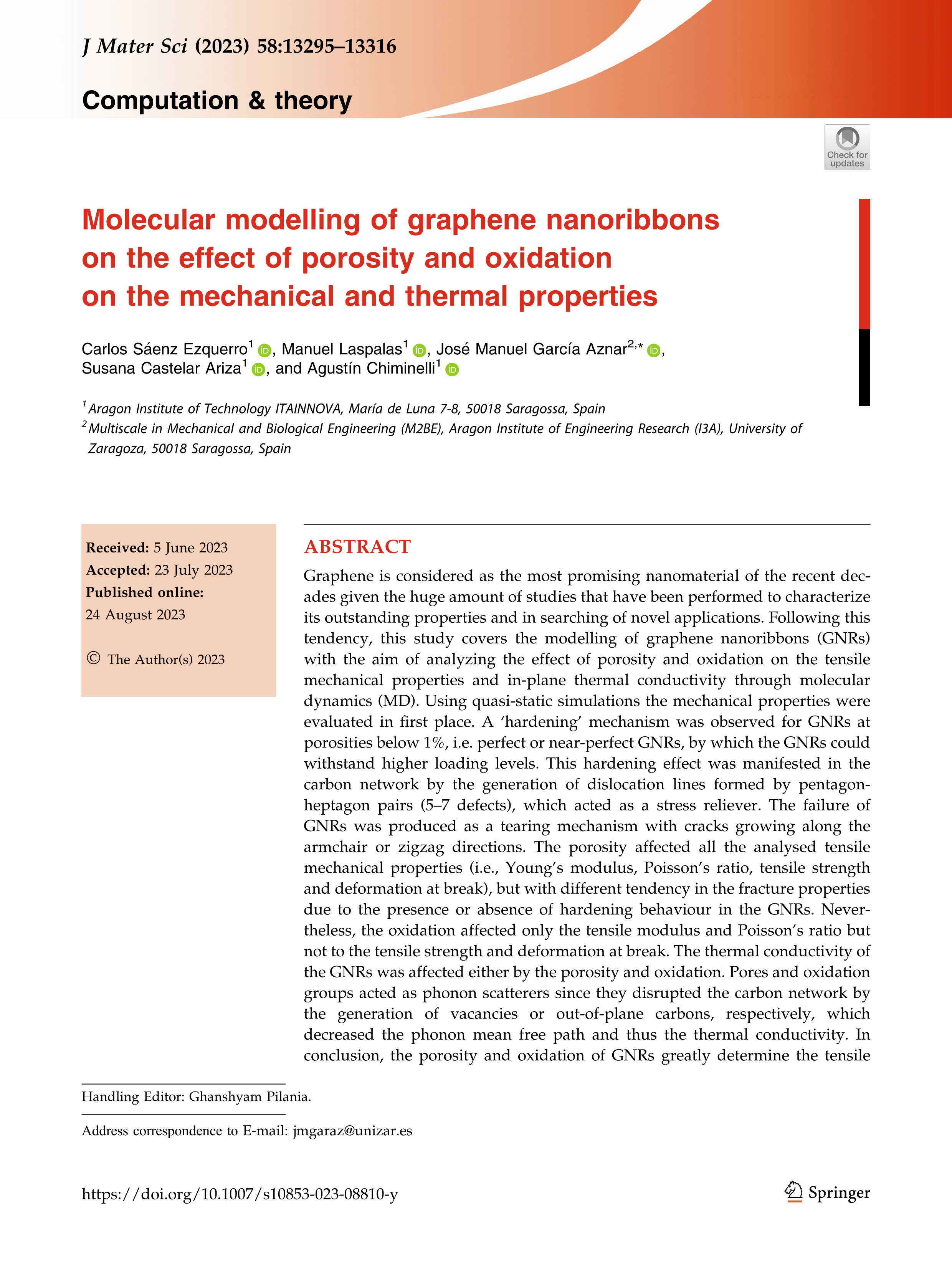 Molecular modelling of graphene nanoribbons on the effect of porosity and oxidation on the mechanical and thermal properties