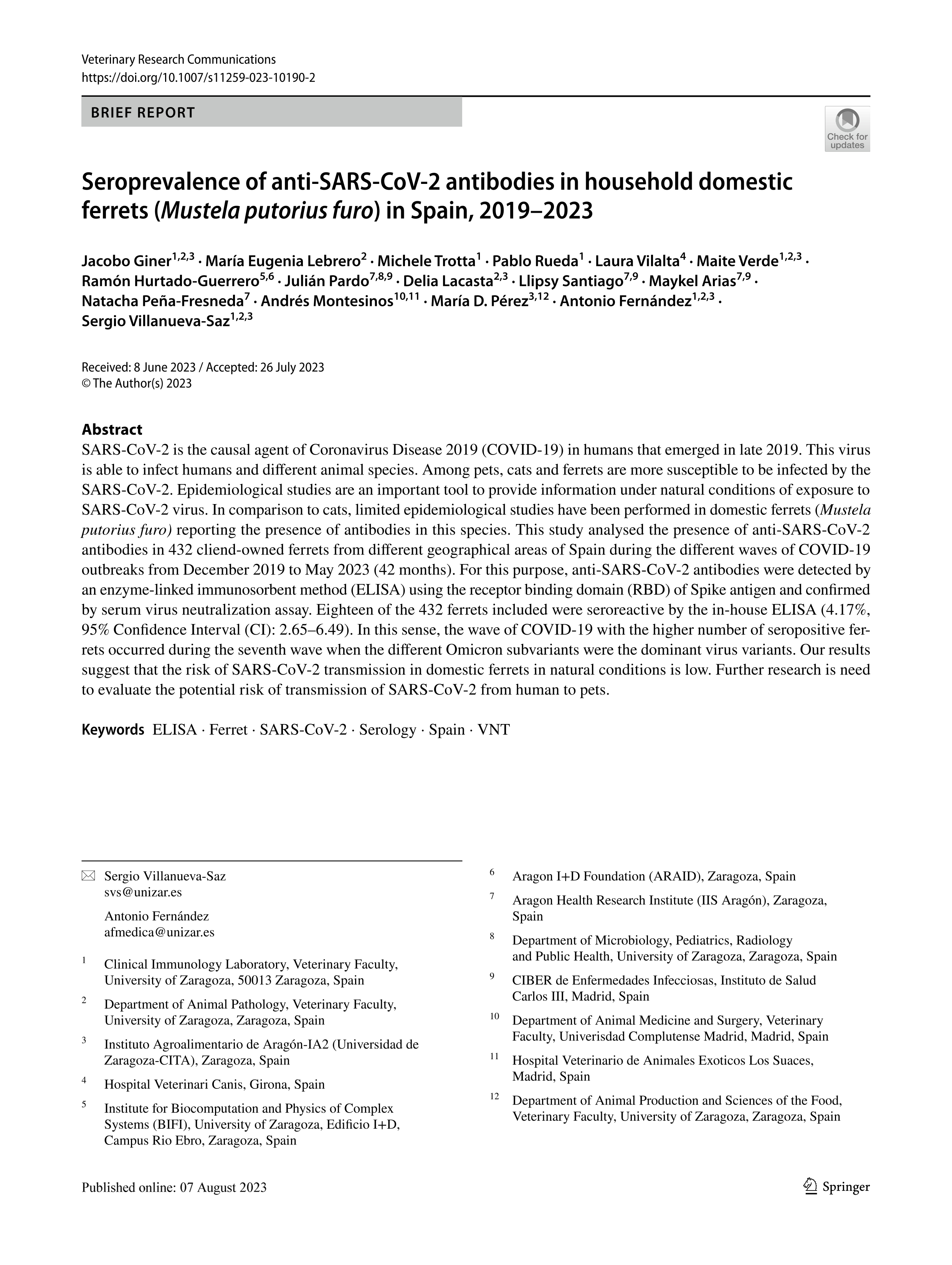 Seroprevalence of anti-SARS-CoV-2 antibodies in household domestic ferrets (Mustela putorius furo) in Spain, 2019–2023