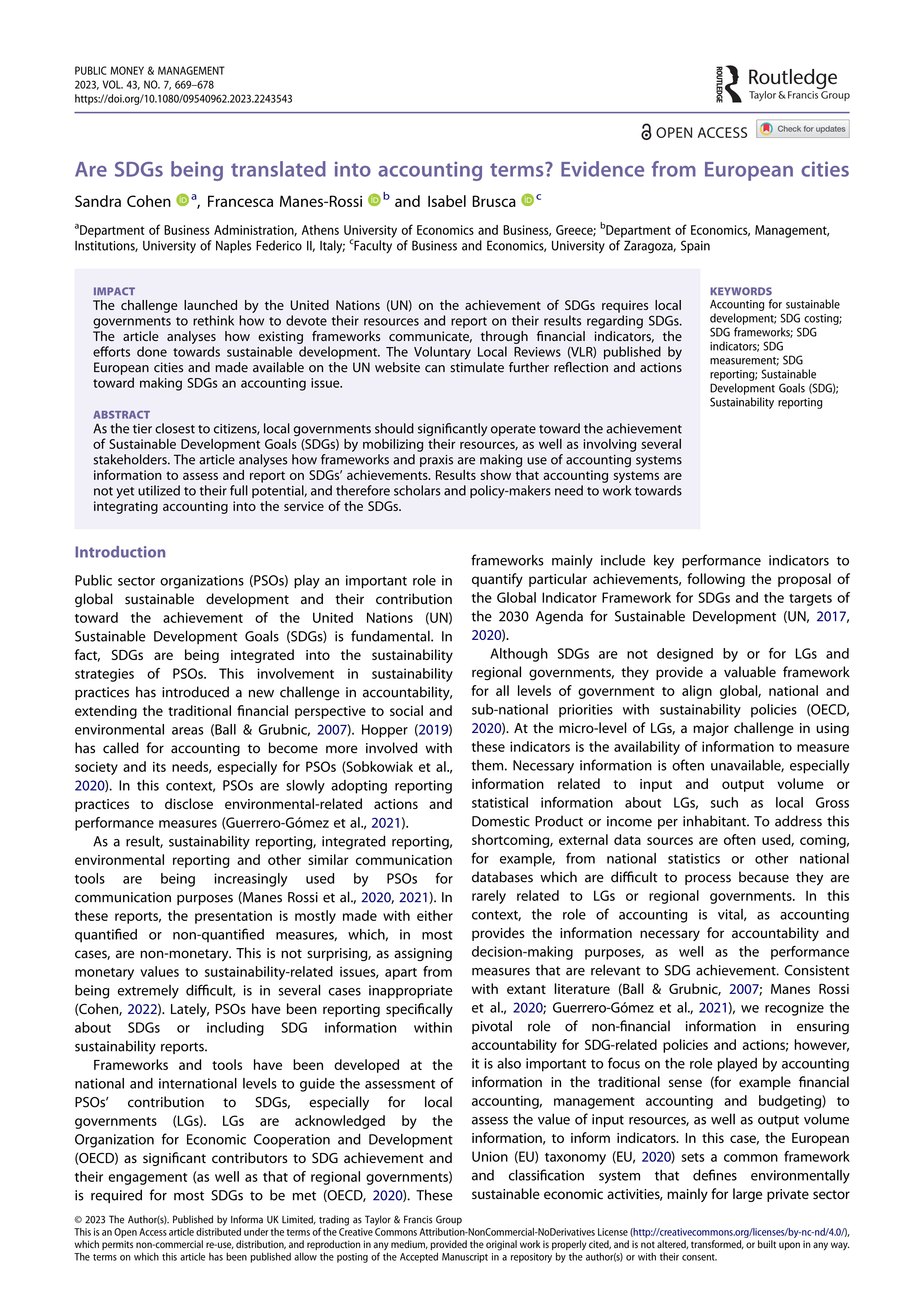 Are SDGs being translated into accounting terms? Evidence from European cities