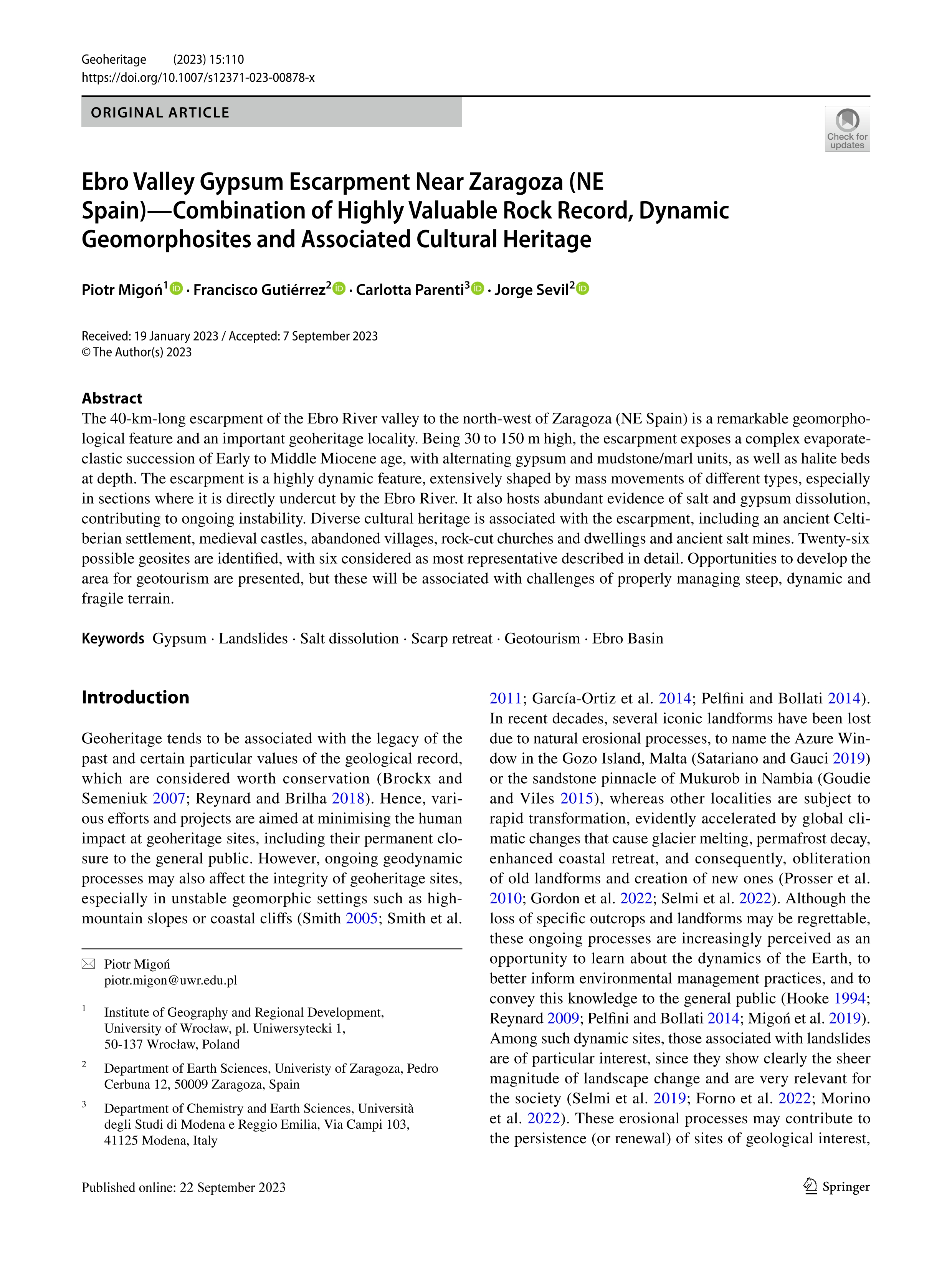 Ebro Valley Gypsum Escarpment Near Zaragoza (NE Spain)—Combination of Highly Valuable Rock Record, Dynamic Geomorphosites and Associated Cultural Heritage