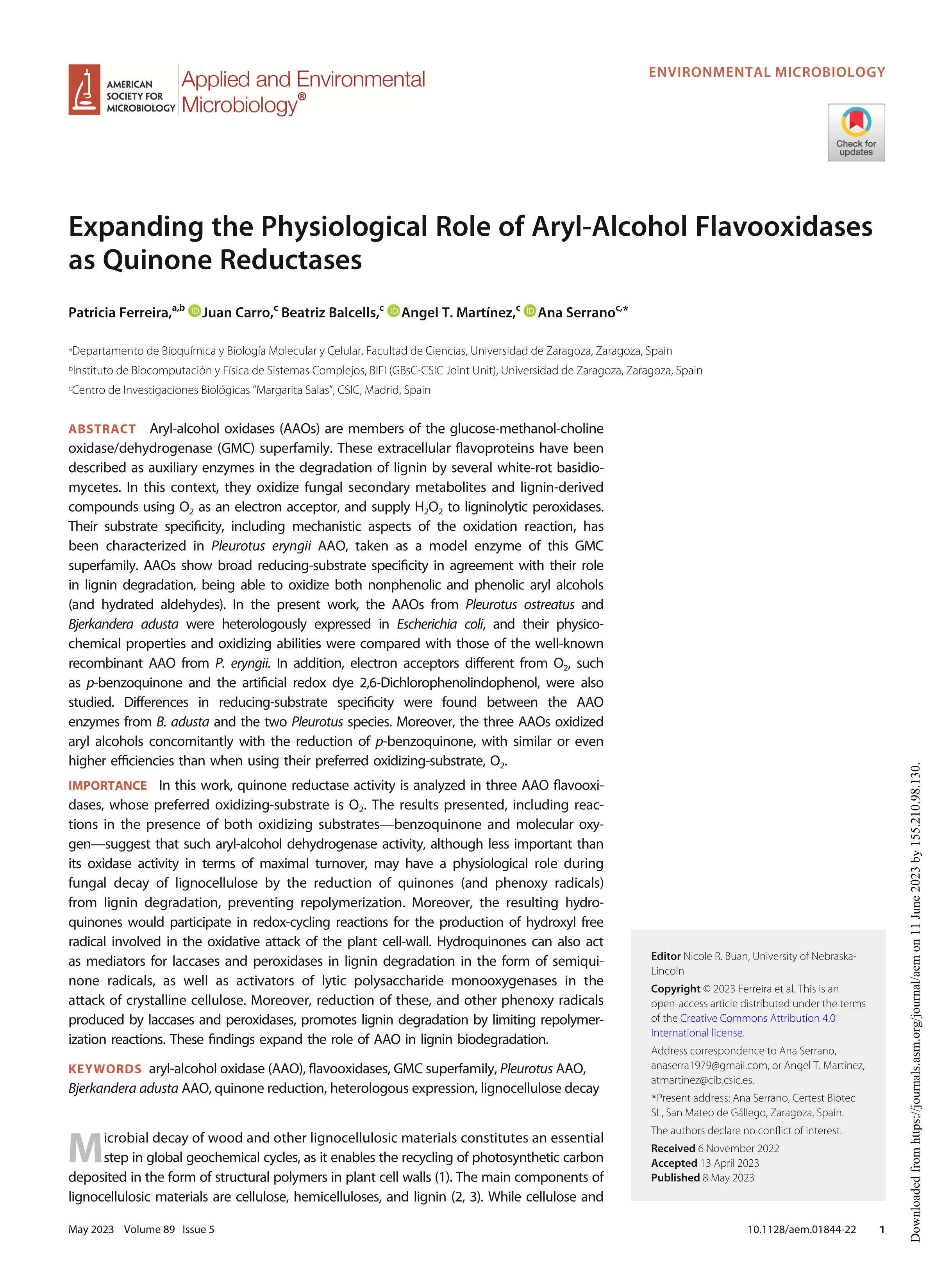 Expanding the Physiological Role of Aryl-Alcohol Flavooxidases as Quinone Reductases