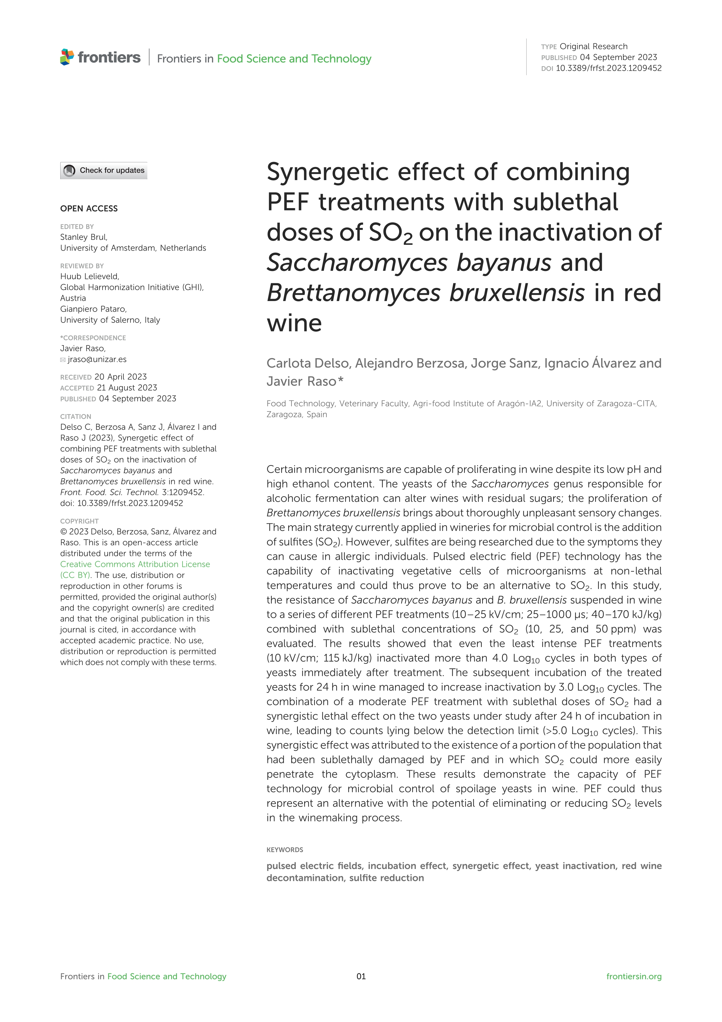 Synergetic effect of combining PEF treatments with sublethal doses of SO2 on the inactivation of Saccharomyces bayanus and Brettanomyces bruxellensis in red wine