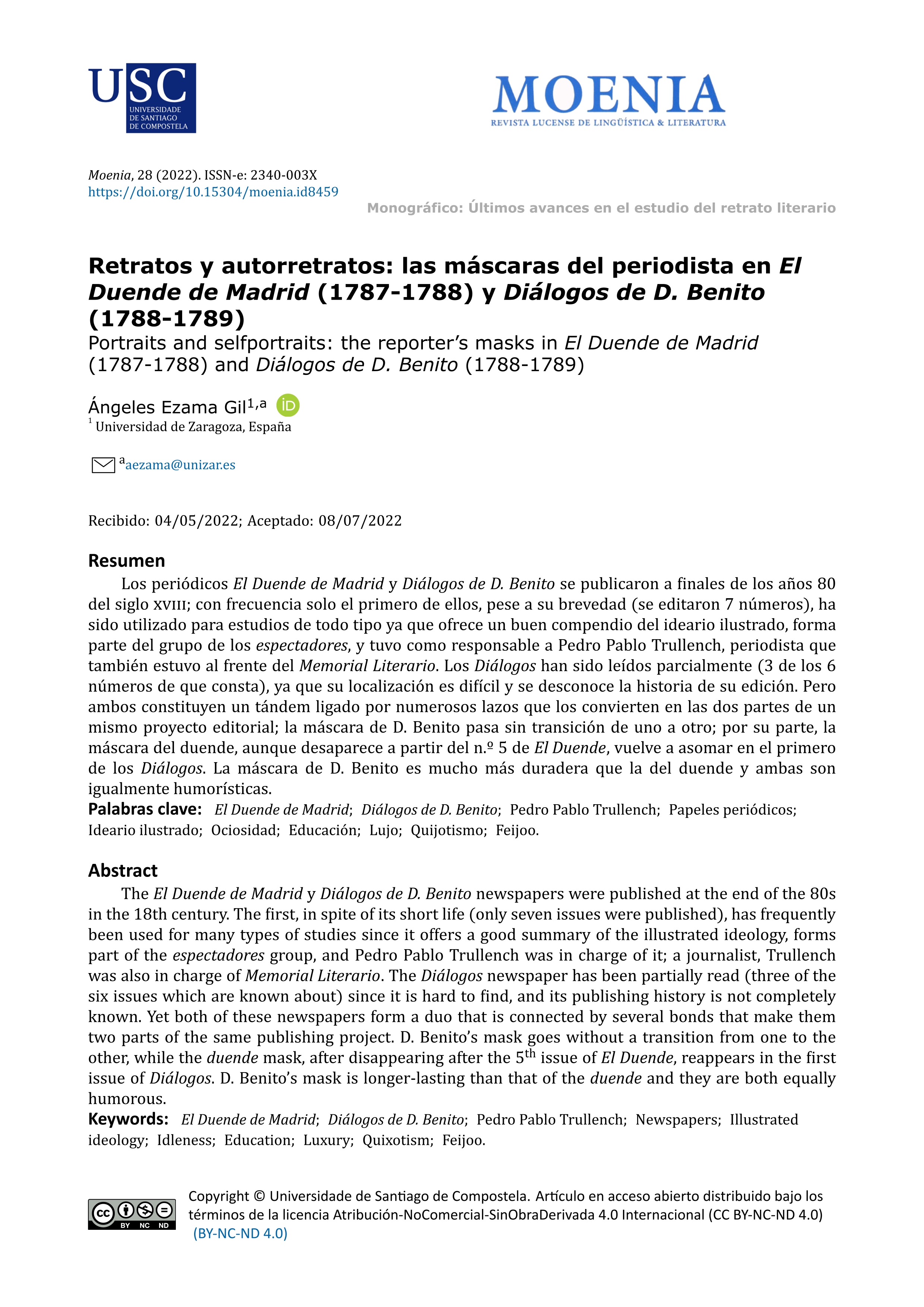 “Retratos y autorretratos: las máscaras del periodista en El Duende de Madrid (1787-1788) y Diálogos de D. Benito (1788-1789)”,
