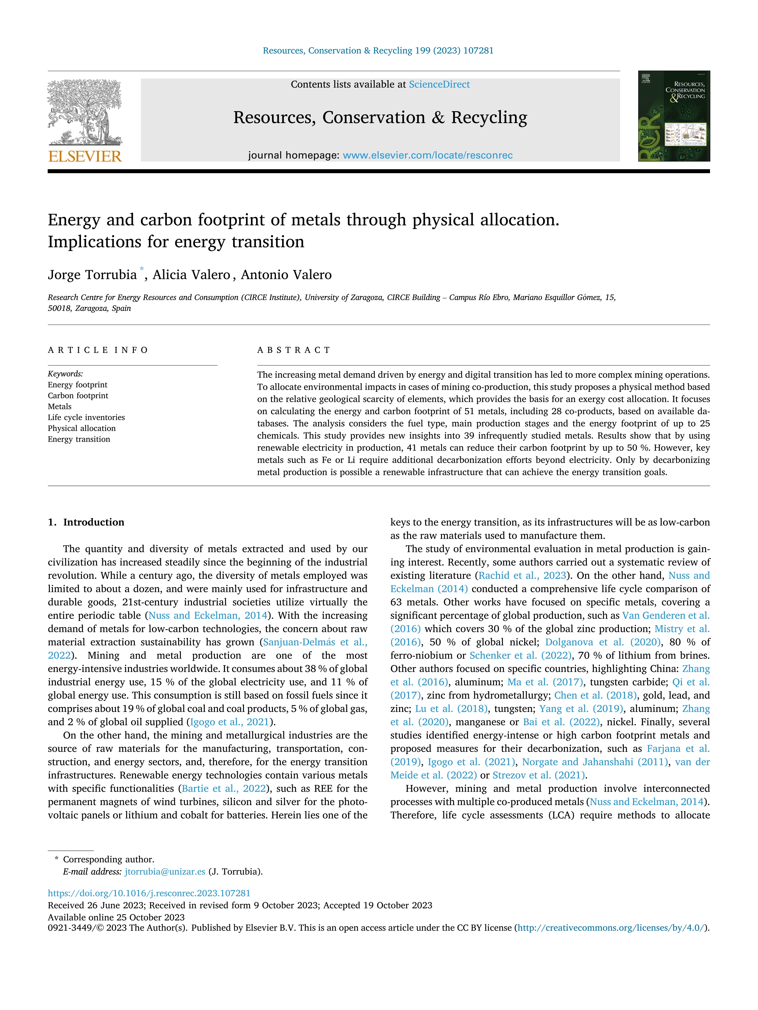 Energy and carbon footprint of metals through physical allocation. Implications for energy transition