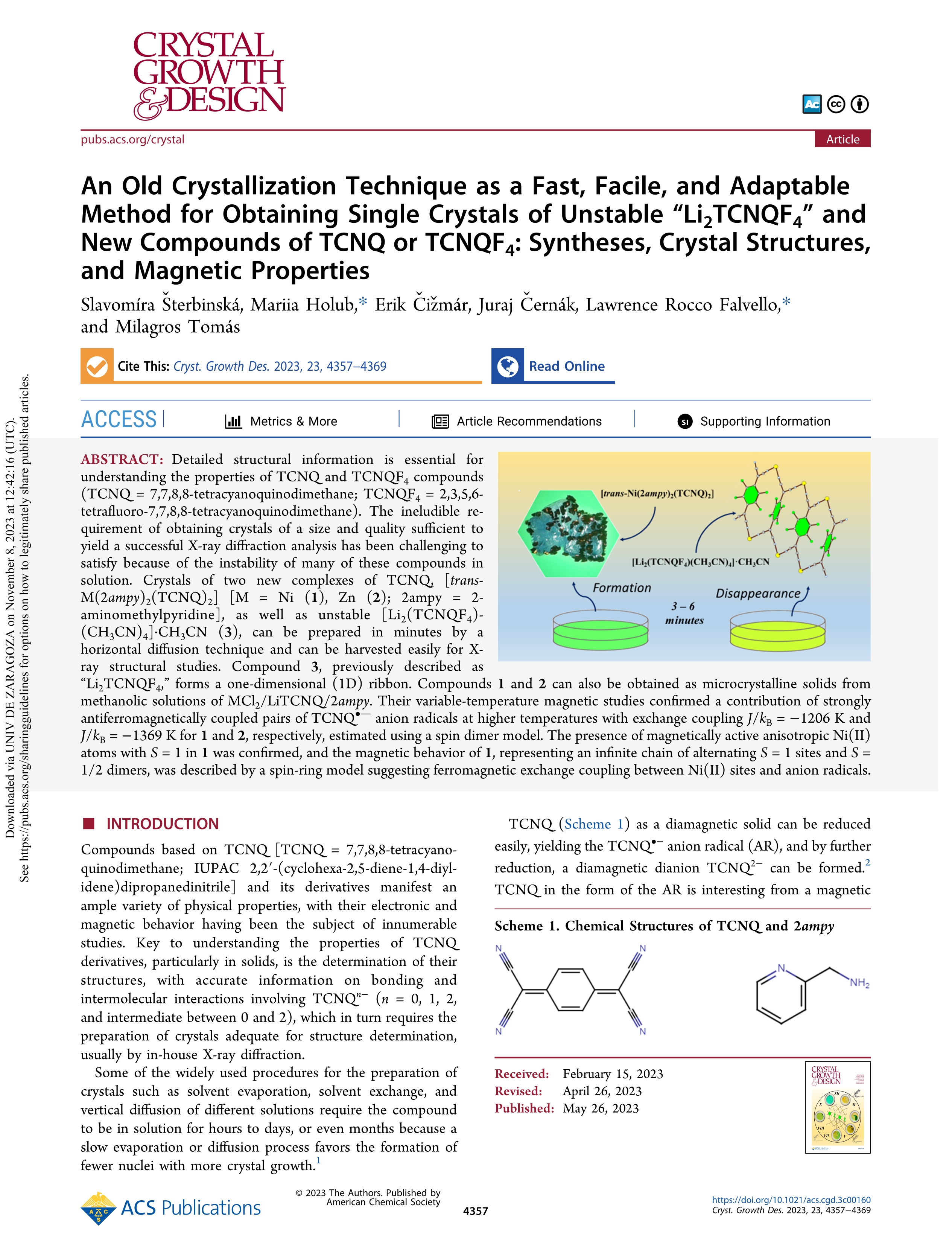 An Old Crystallization Technique as a Fast, Facile, and Adaptable Method for Obtaining Single Crystals of Unstable “Li2TCNQF4” and New Compounds of TCNQ or TCNQF4: Syntheses, Crystal Structures, and Magnetic Properties
