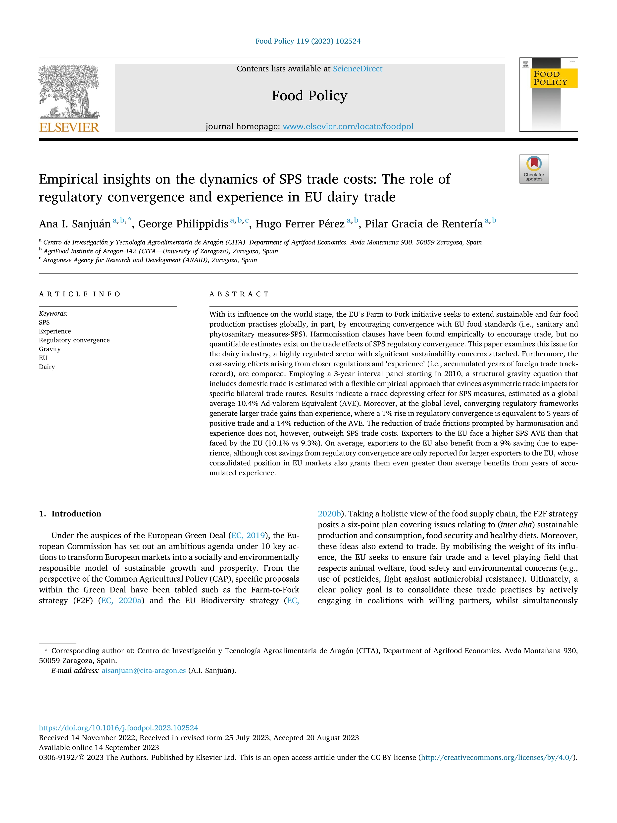 Empirical insights on the dynamics of SPS trade costs: The role of regulatory convergence and experience in EU dairy trade