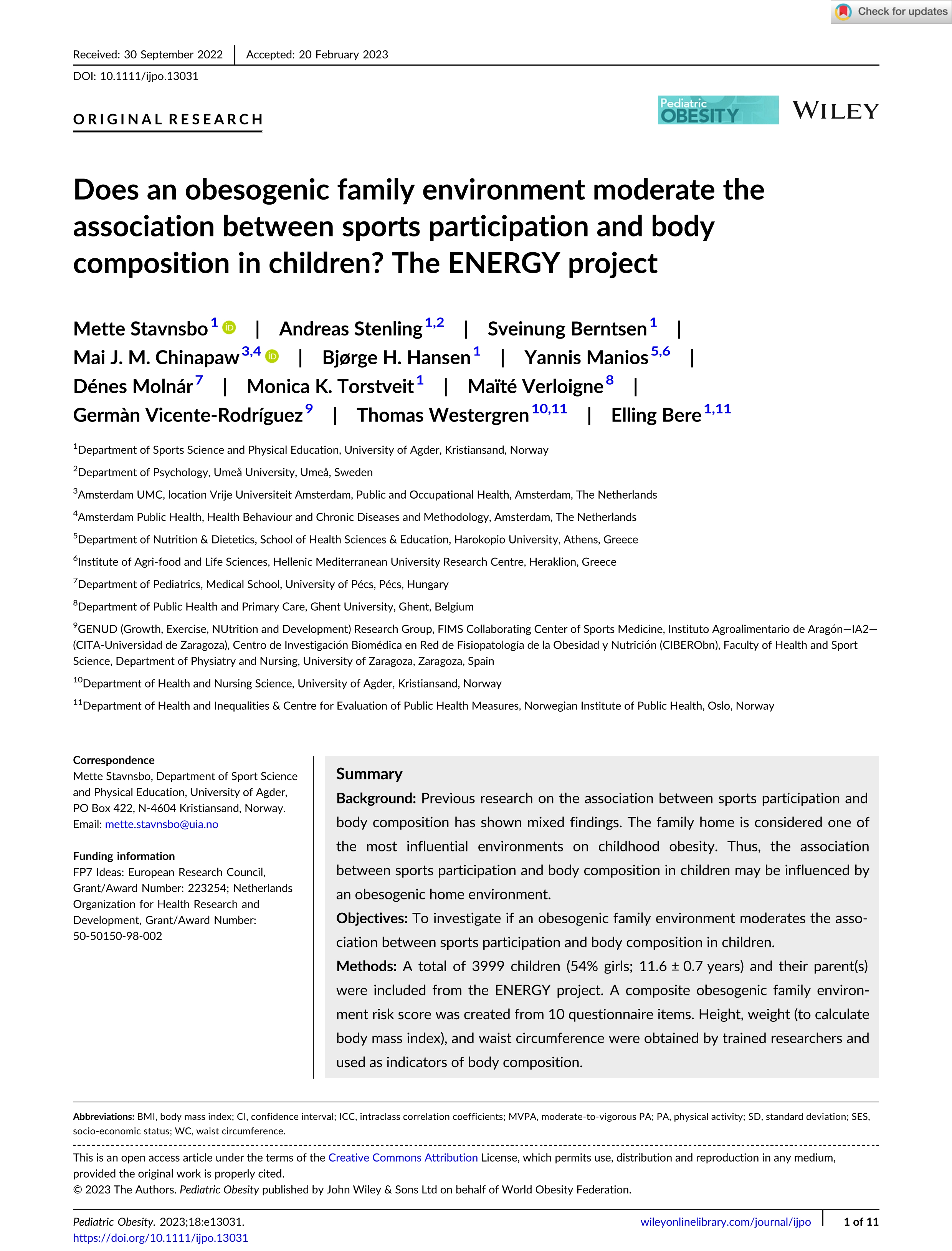 Does an obesogenic family environment moderate the association between sports participation and body composition in children? The ENERGY project
