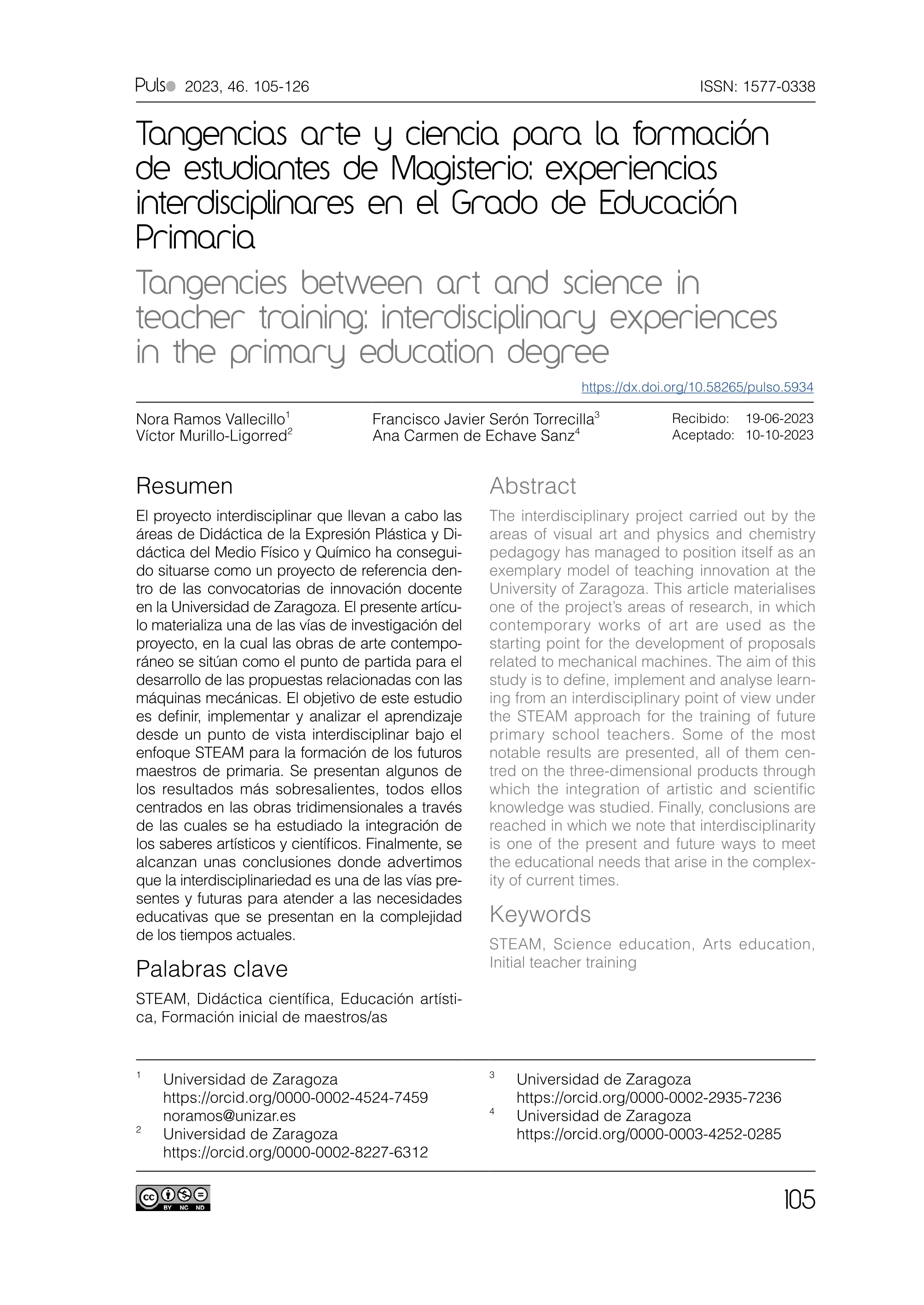Tangencias arte y ciencia para la formación de maestros: experiencias interdisciplinares en el grado de primaria