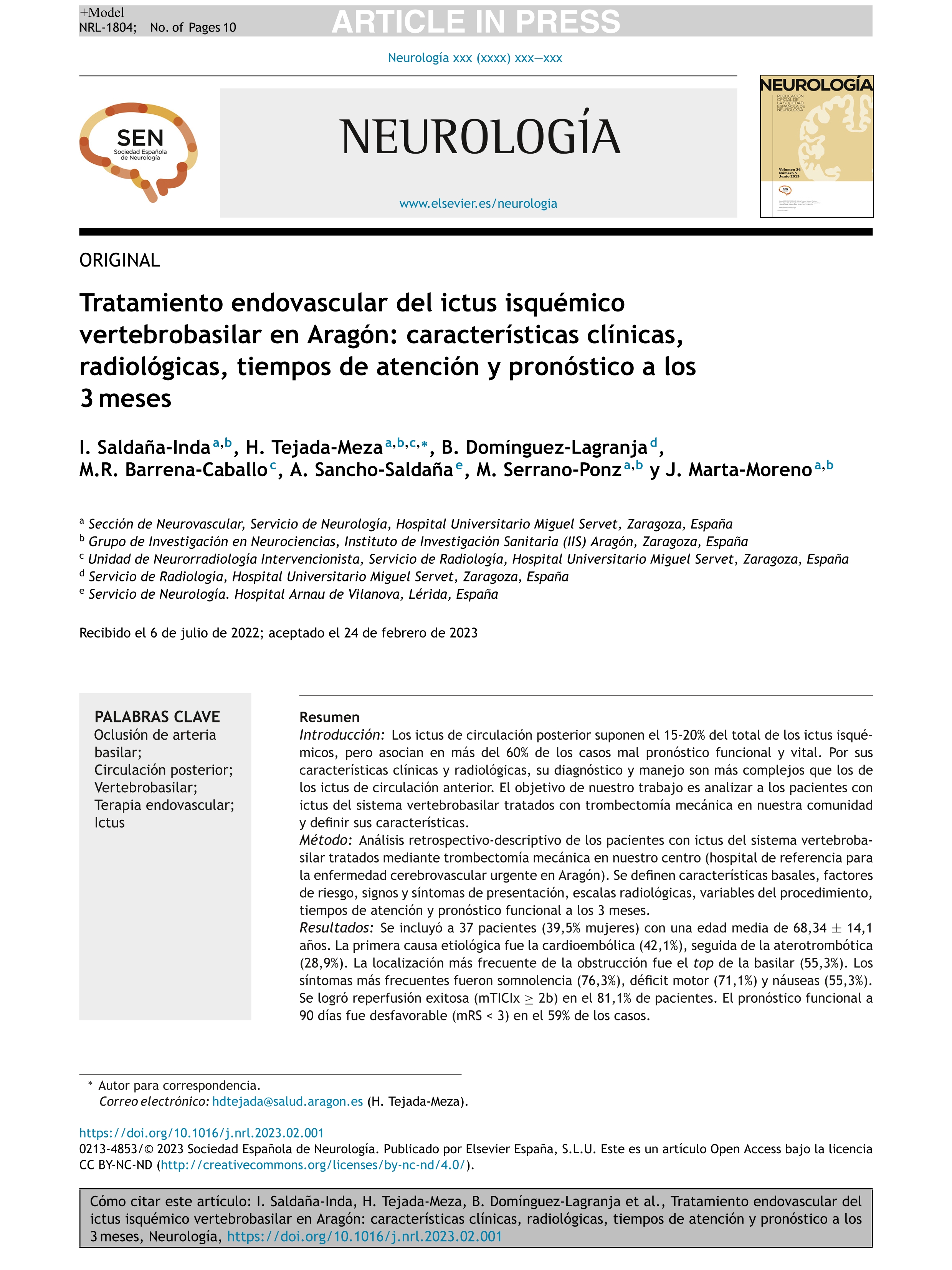 Tratamiento endovascular del ictus isquémico vertebrobasilar en Aragón: características clínicas, radiológicas, tiempos de atención y pronóstico a los 3 meses
