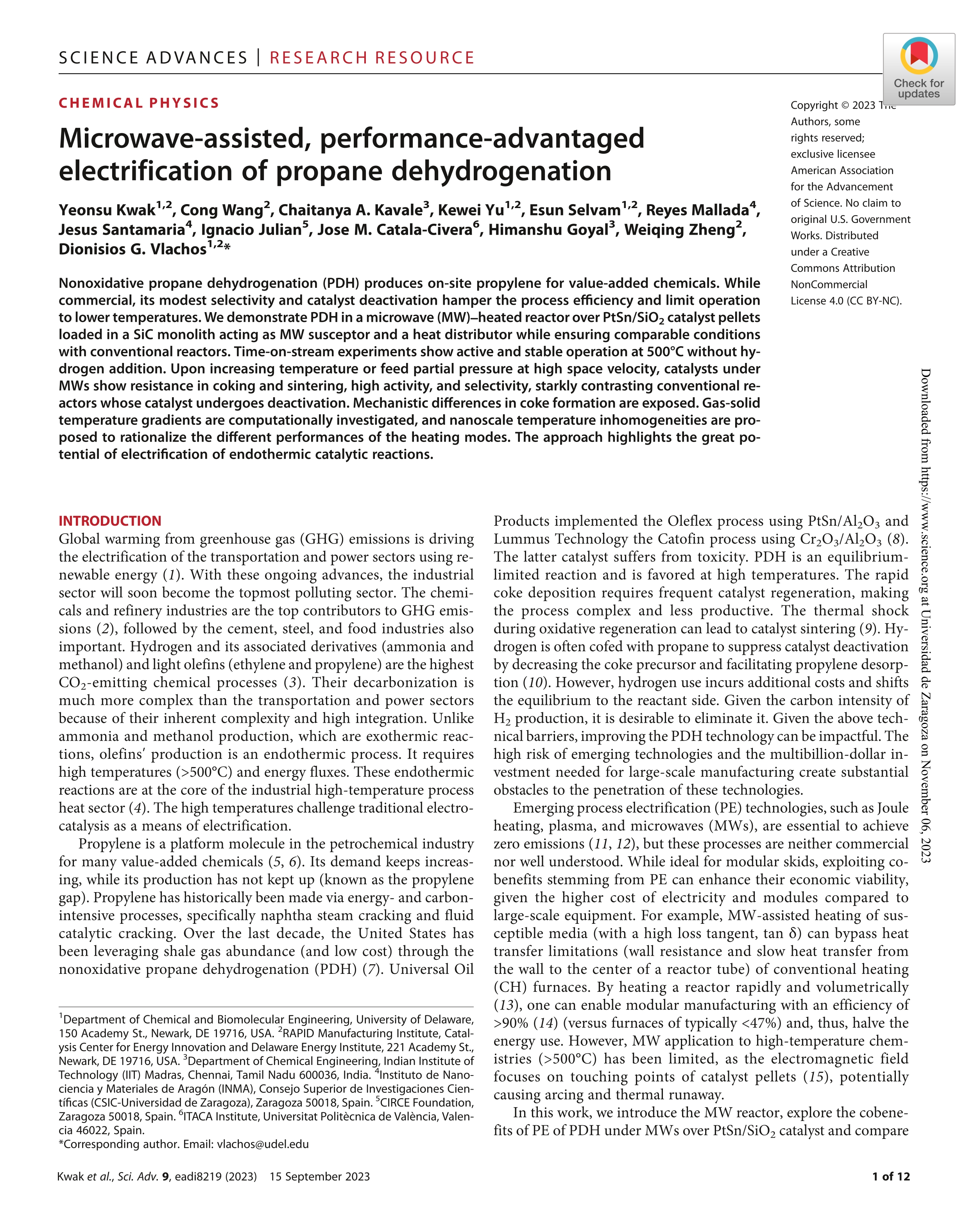 Microwave-assisted, performance-advantaged electrification of propane dehydrogenation