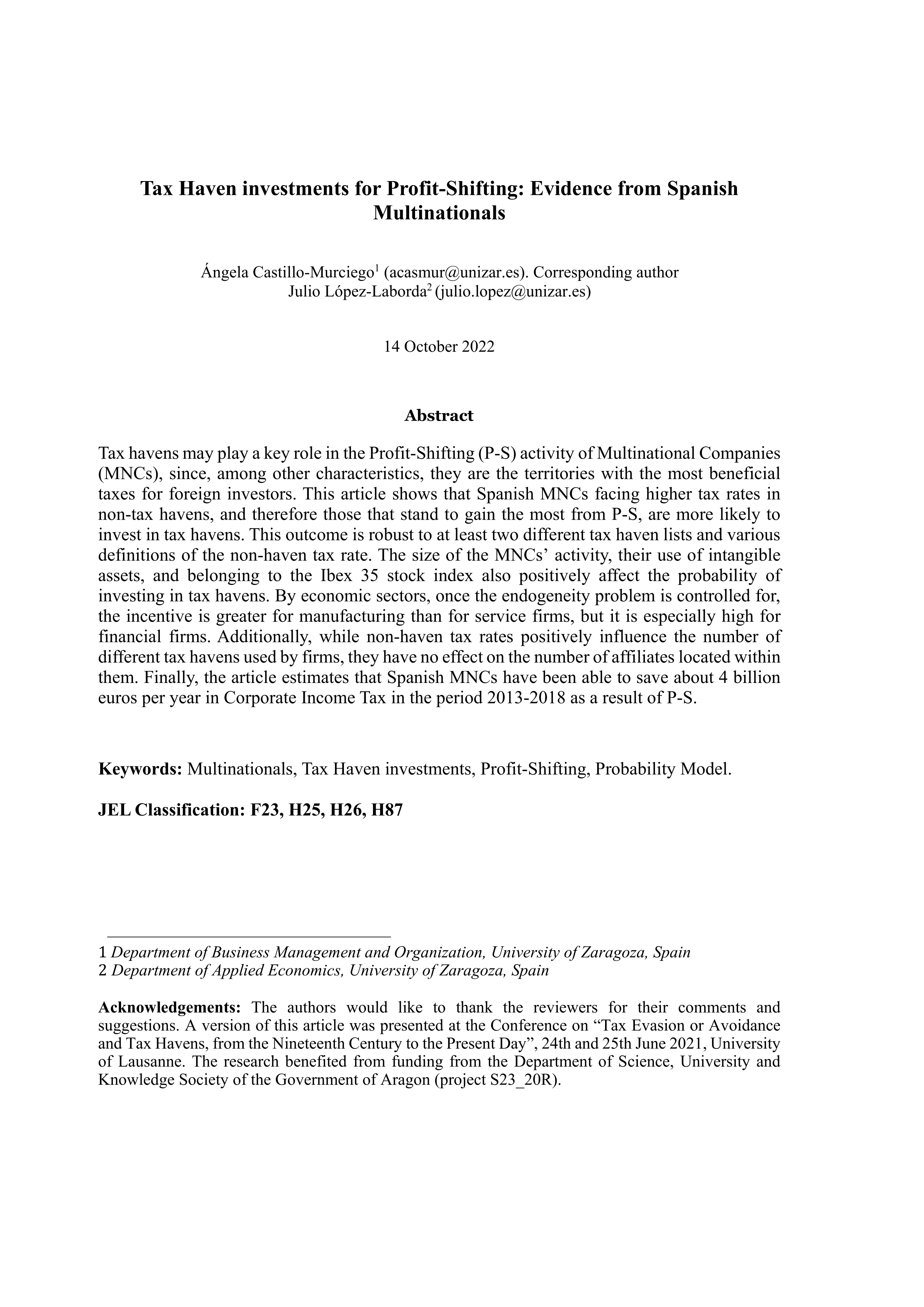 Tax haven investments for Profit-Shifting: evidence from Spanish multinationals