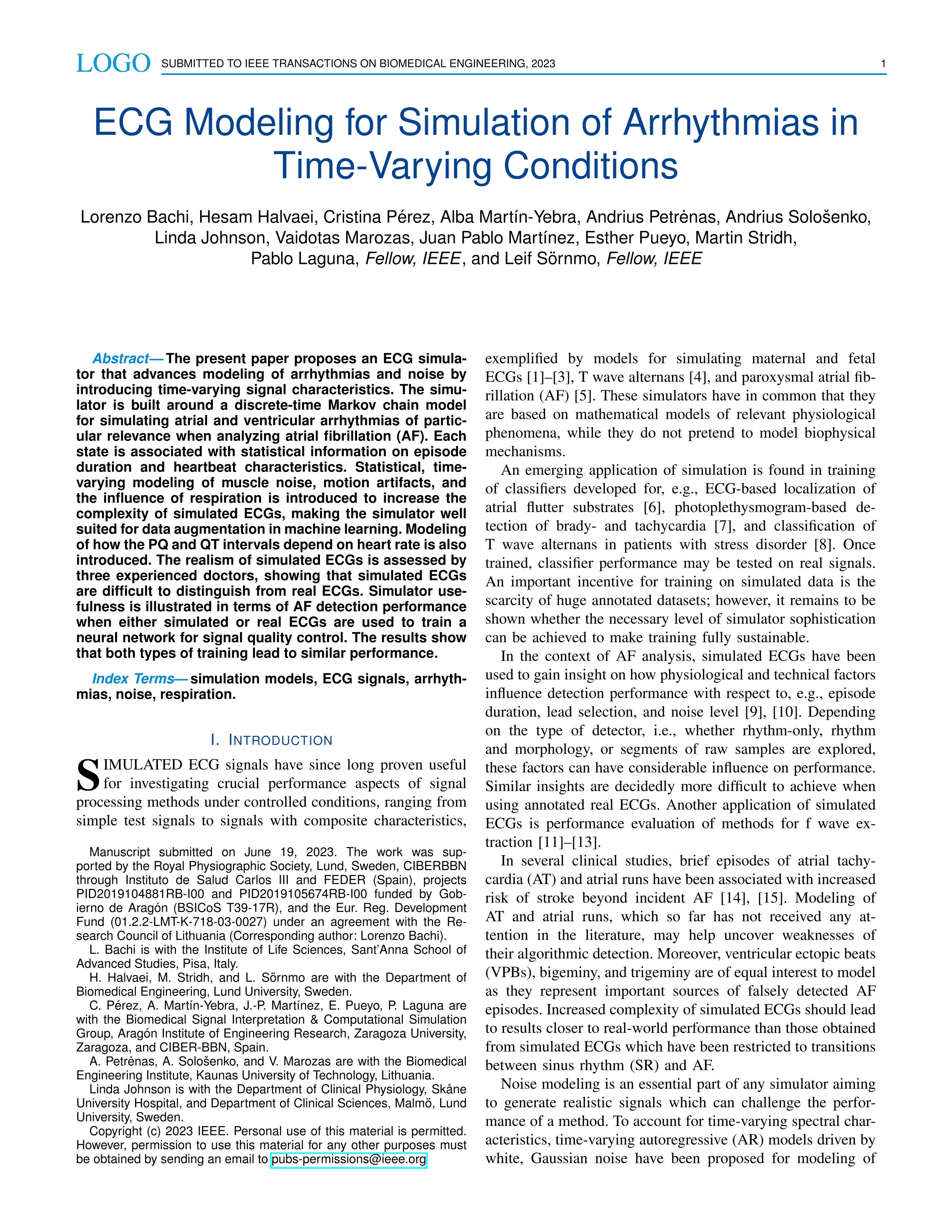 ECG modeling for simulation of arrhythmias in time-varying conditions