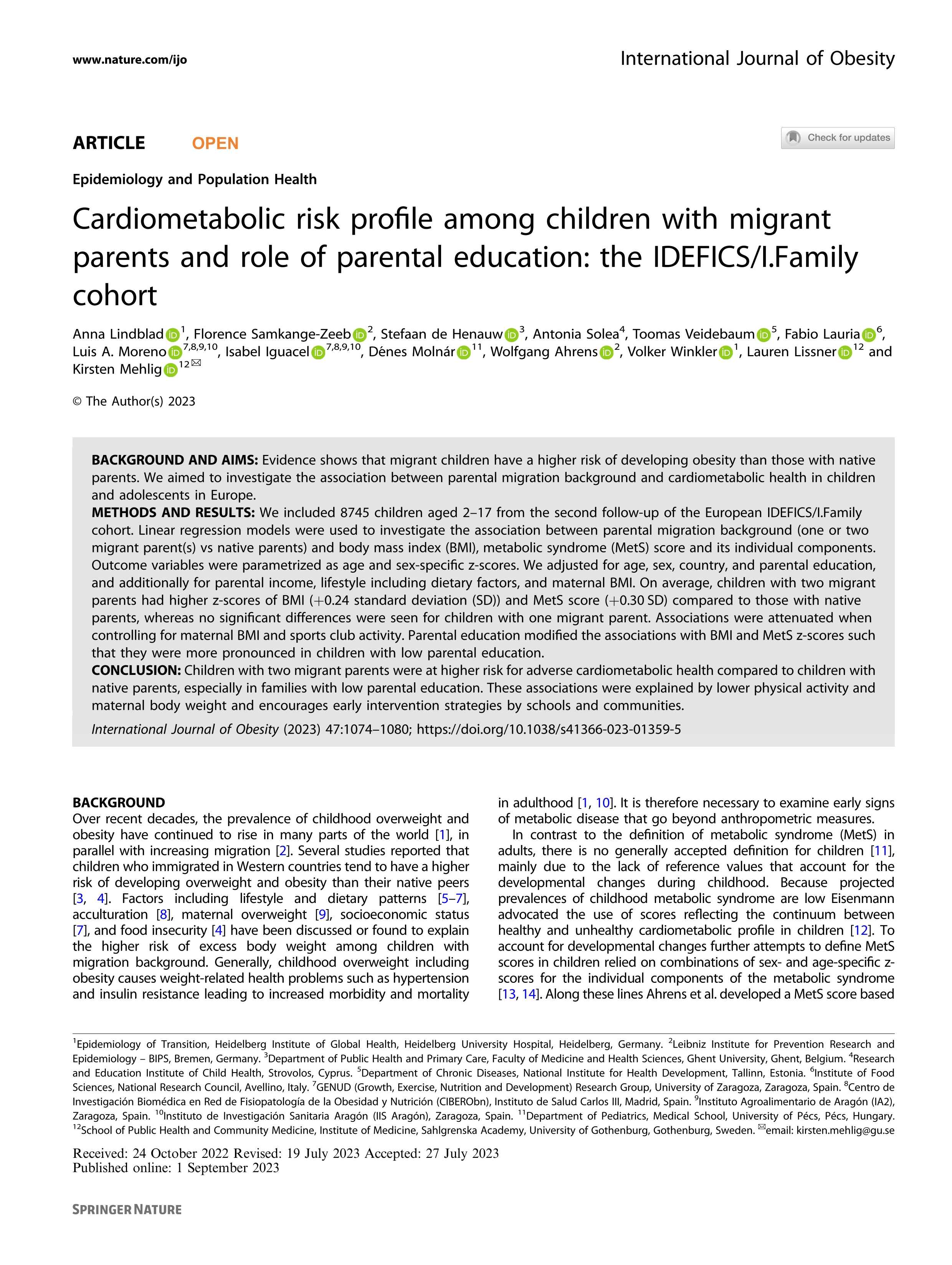 Cardiometabolic risk profile among children with migrant parents and role of parental education: the IDEFICS/I.Family cohort