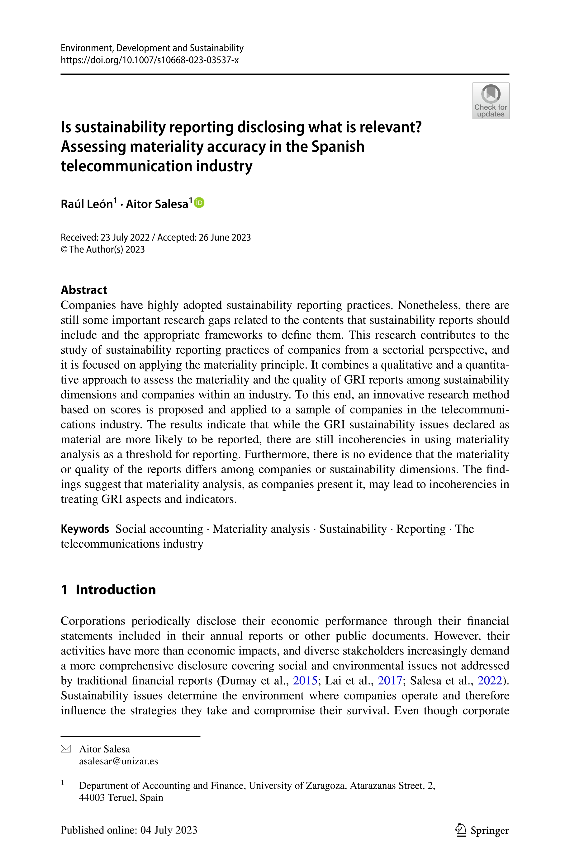 Is sustainability reporting disclosing what is relevant? Assessing materiality accuracy in the Spanish telecommunication industry