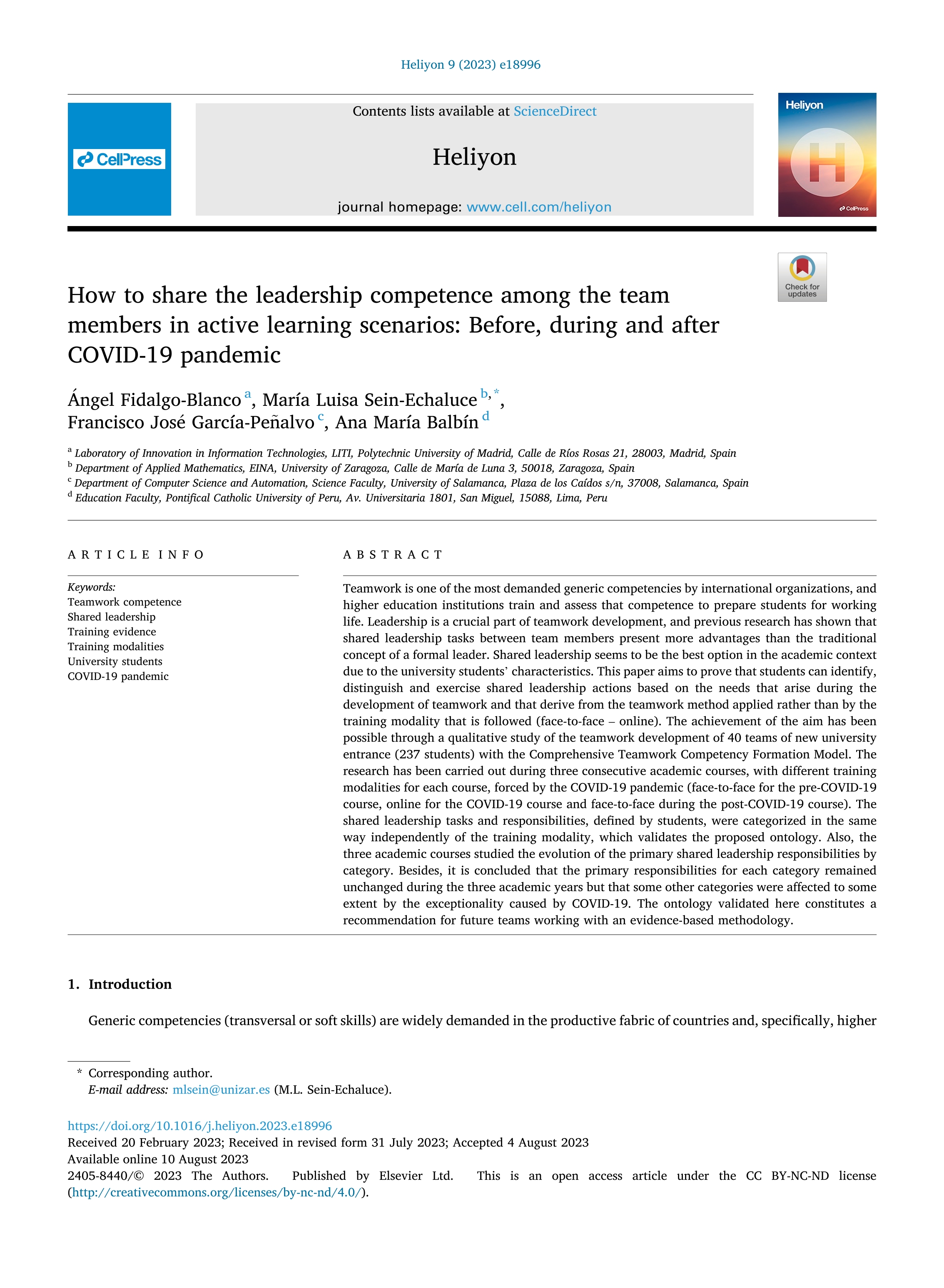 How to share the leadership competence among the team members in active learning scenarios: Before, during and after COVID-19 pandemic