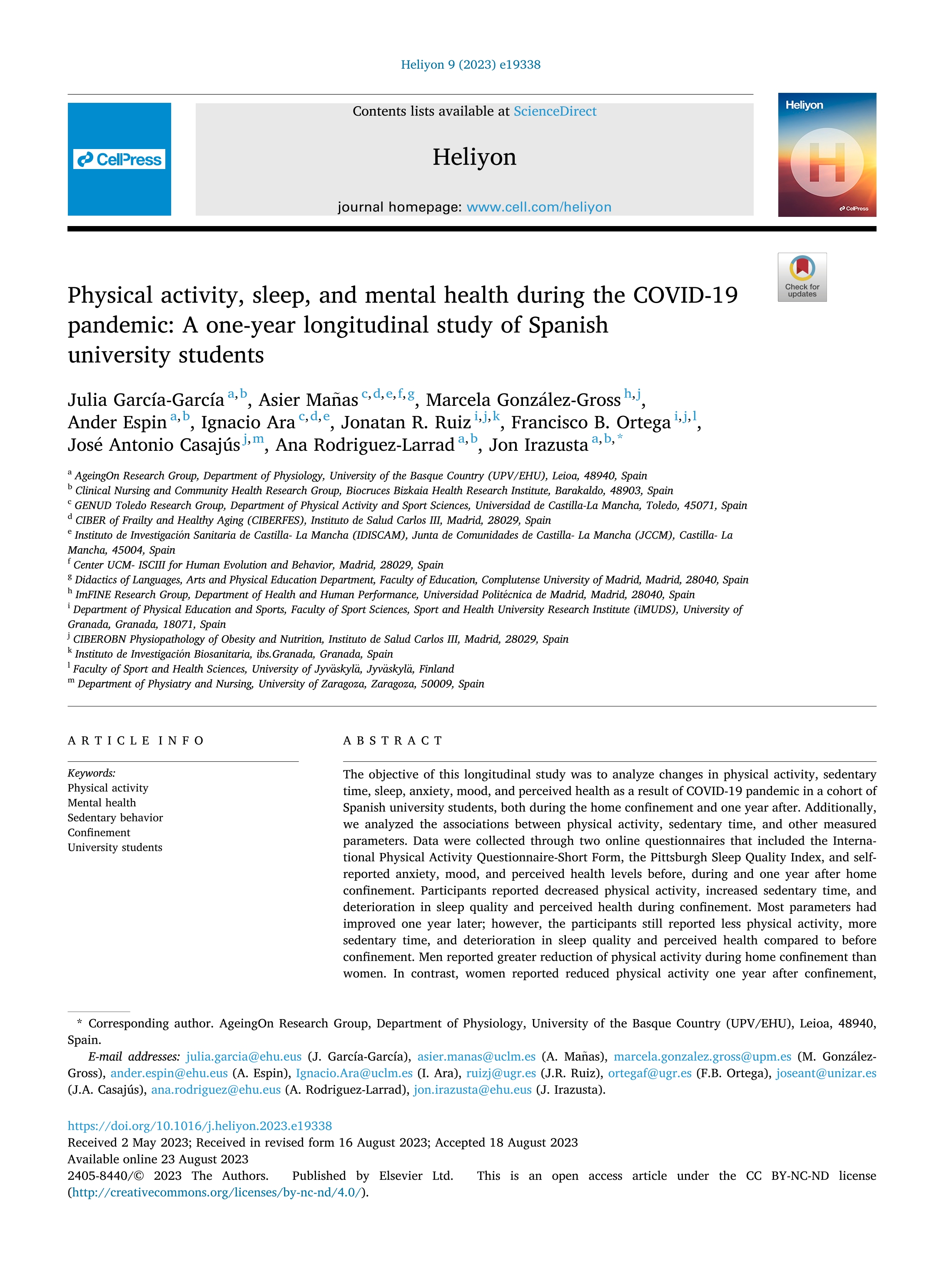 Physical activity, sleep, and mental health during the COVID-19 pandemic: A one-year longitudinal study of Spanish university students