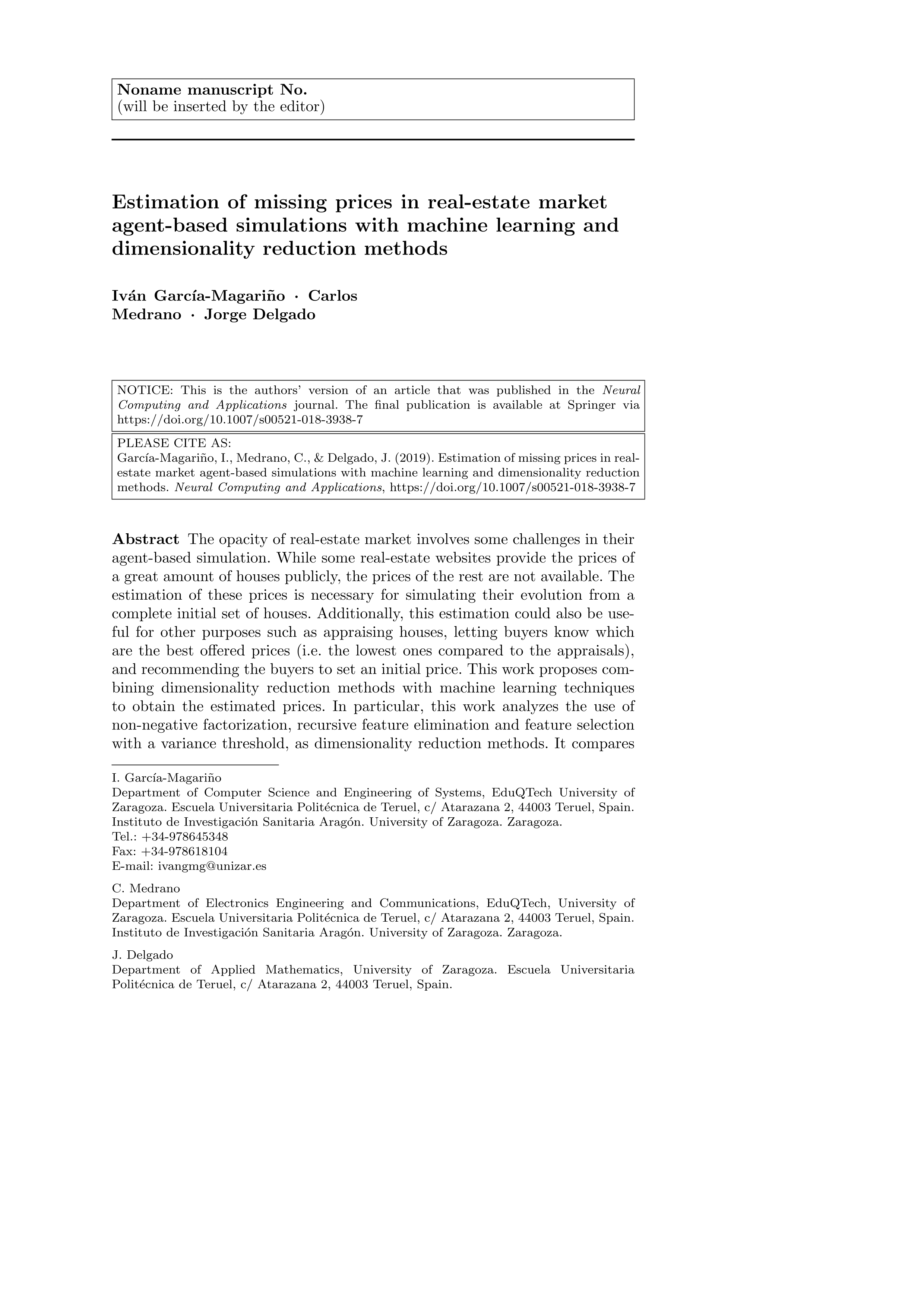 Estimation of missing prices in real-estate market agent-based simulations with machine learning and dimensionality reduction methods