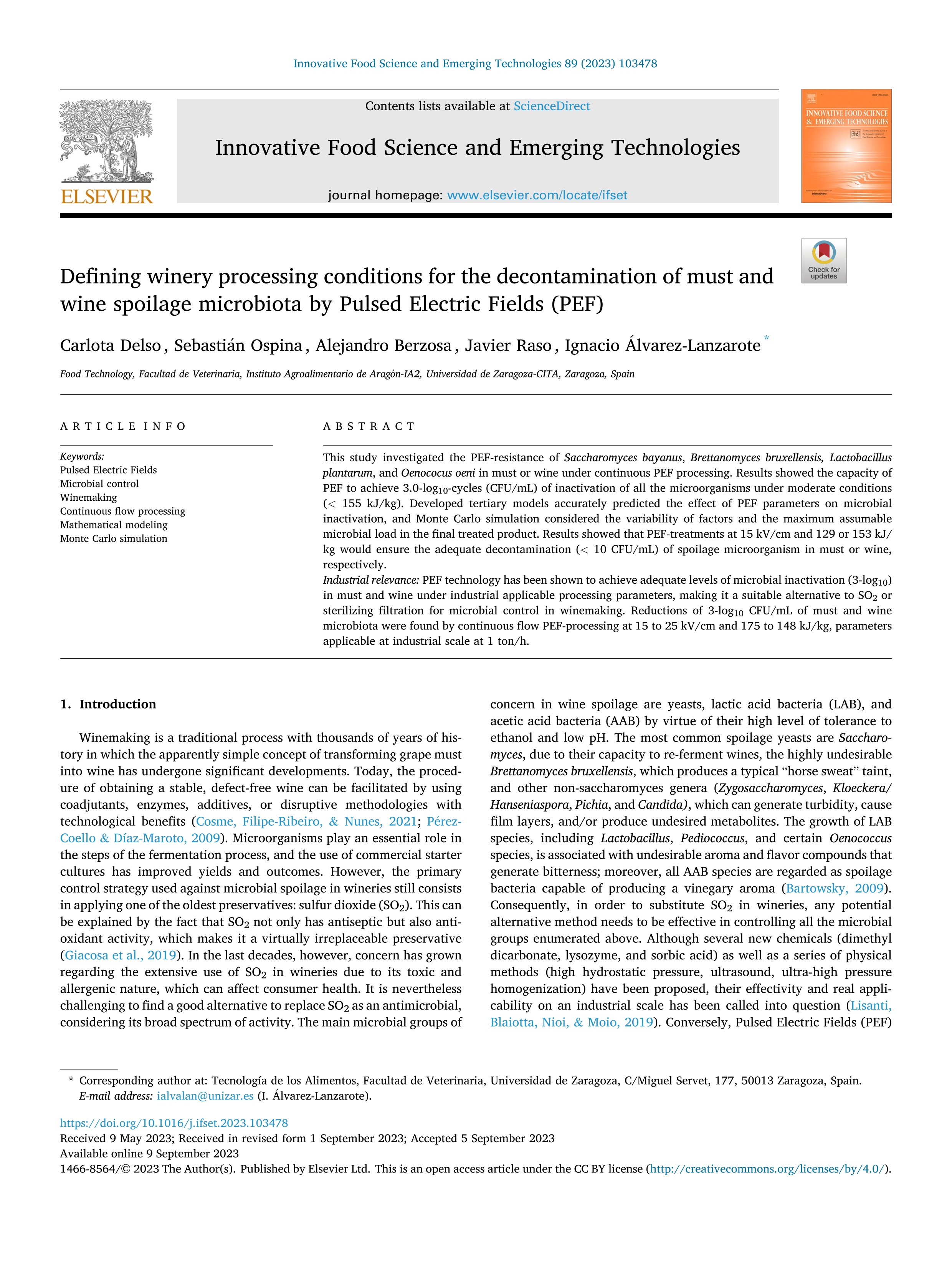 Defining winery processing conditions for the decontamination of must and wine spoilage microbiota by Pulsed Electric Fields (PEF)