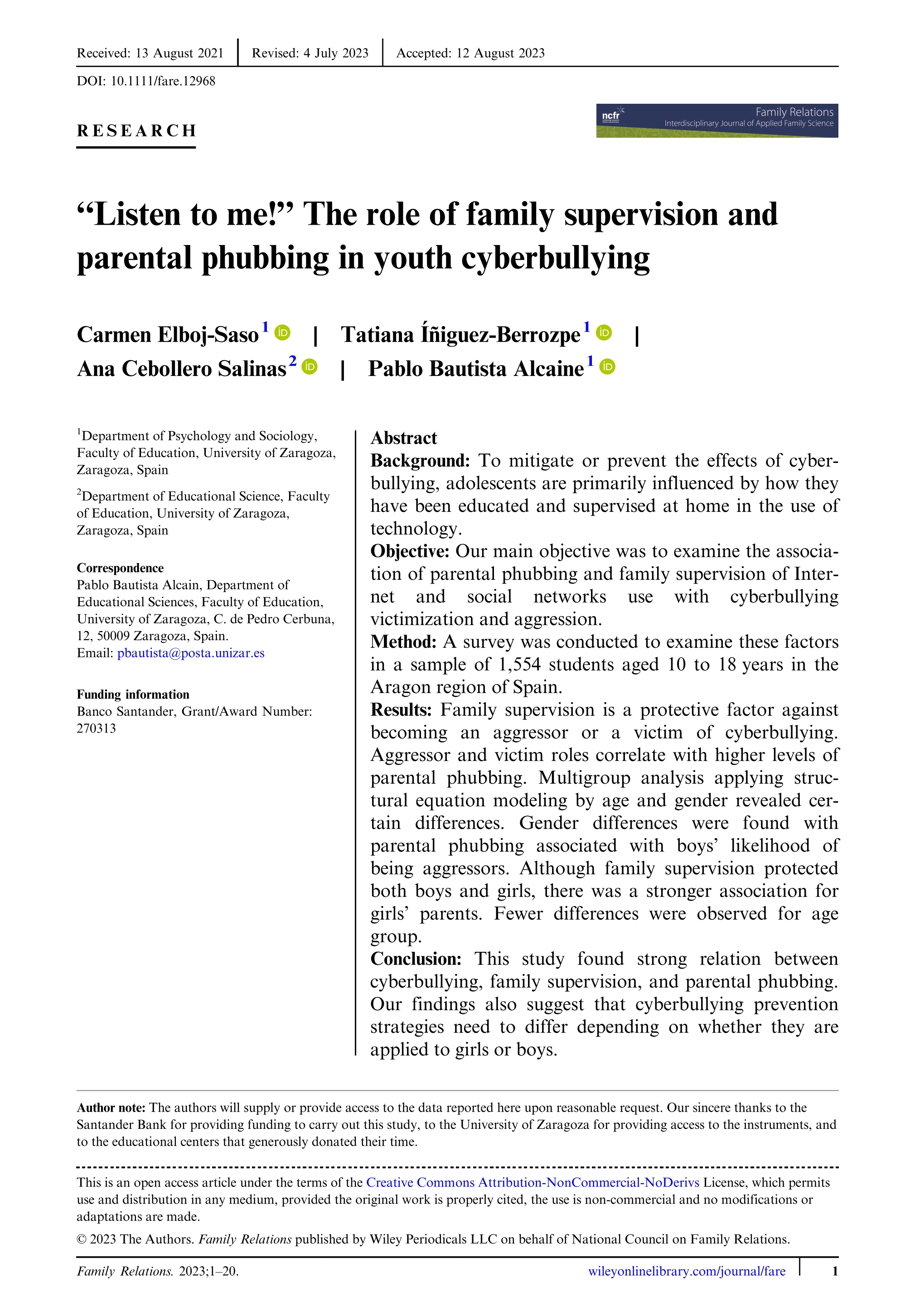 “Listen to me!” The role of family supervision and parental phubbing in youth cyberbullying