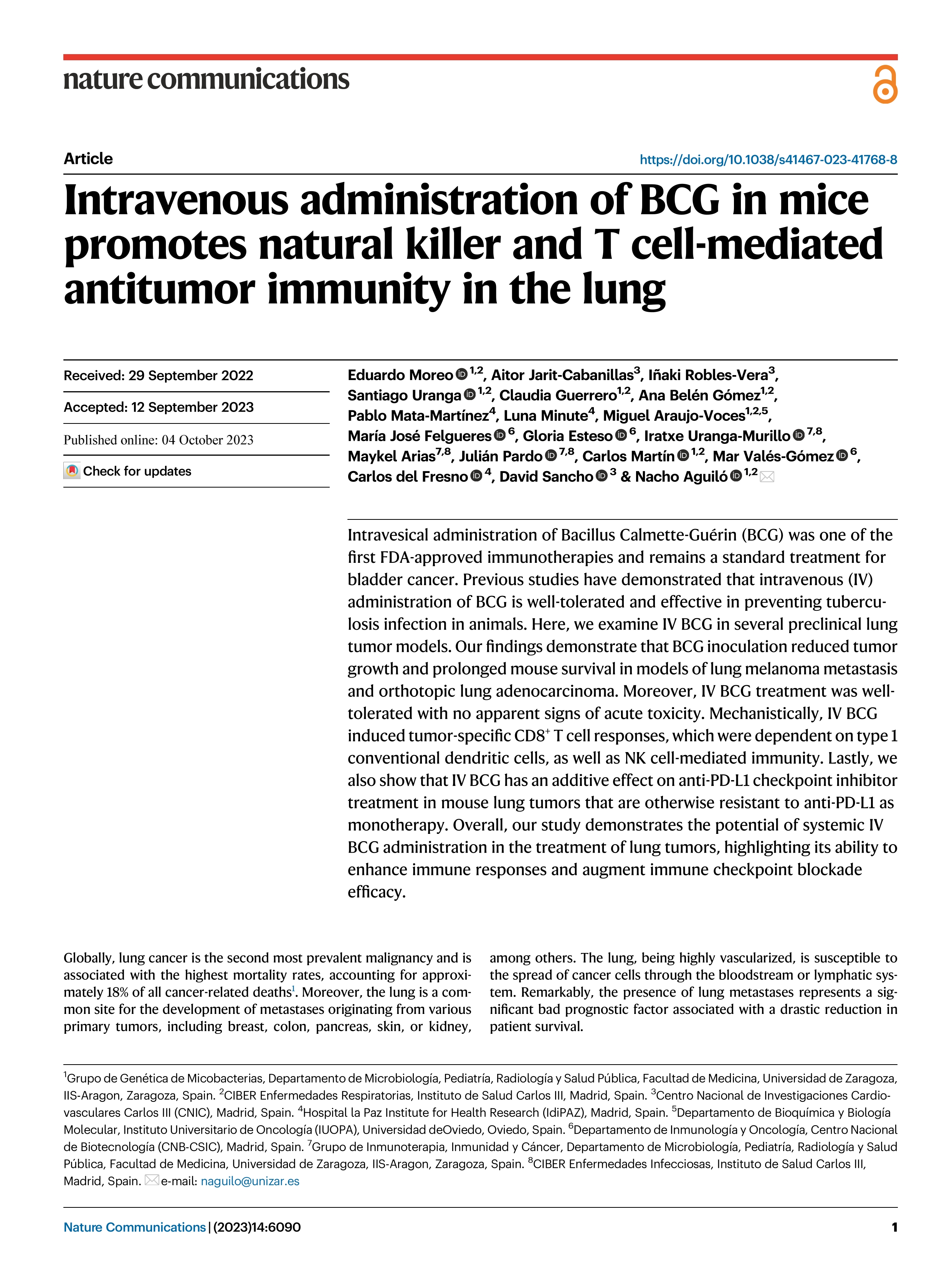 Intravenous administration of BCG in mice promotes natural killer and T cell-mediated antitumor immunity in the lung