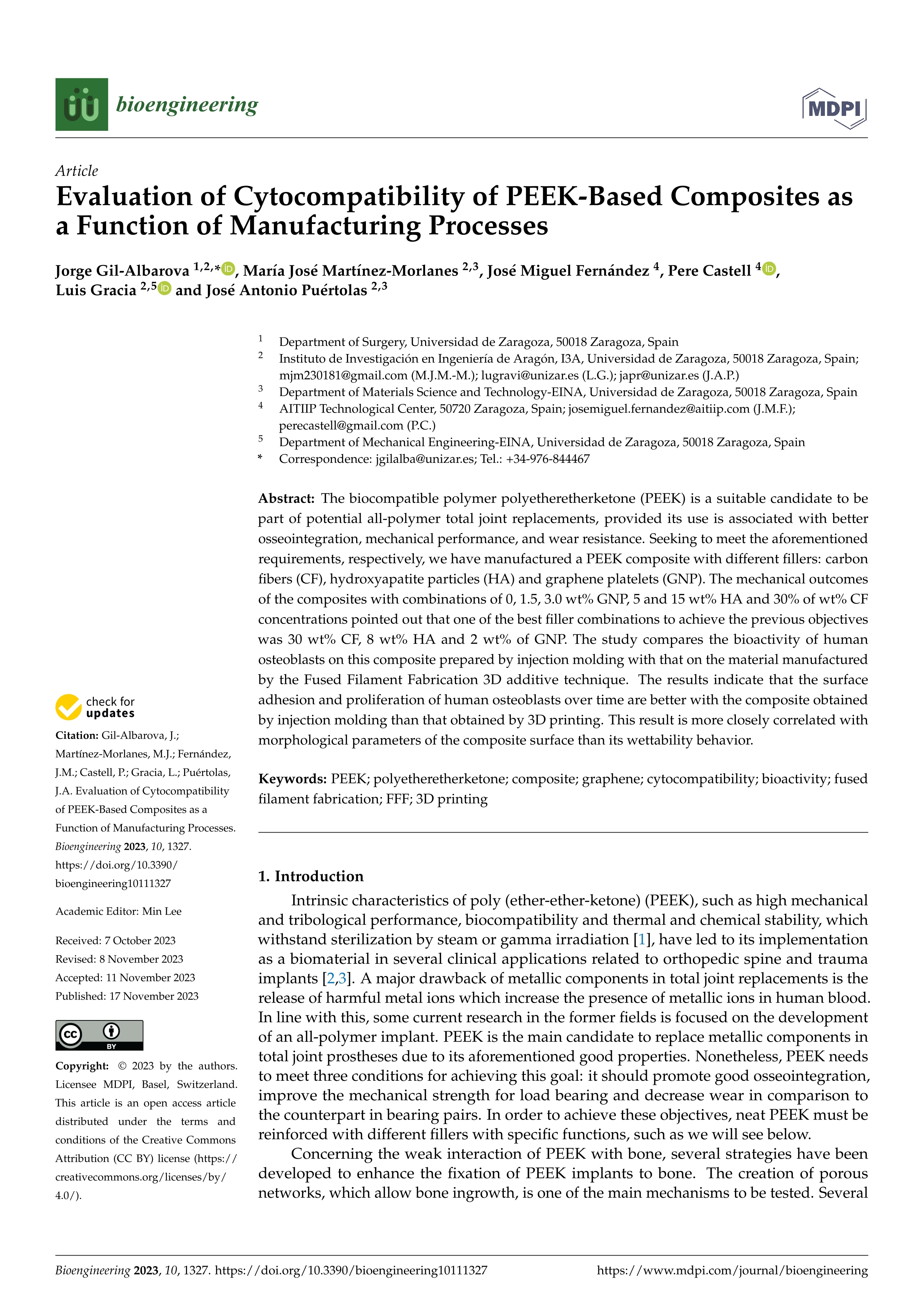 Evaluation of Cytocompatibility of PEEK-Based Composites as a Function of Manufacturing Processes